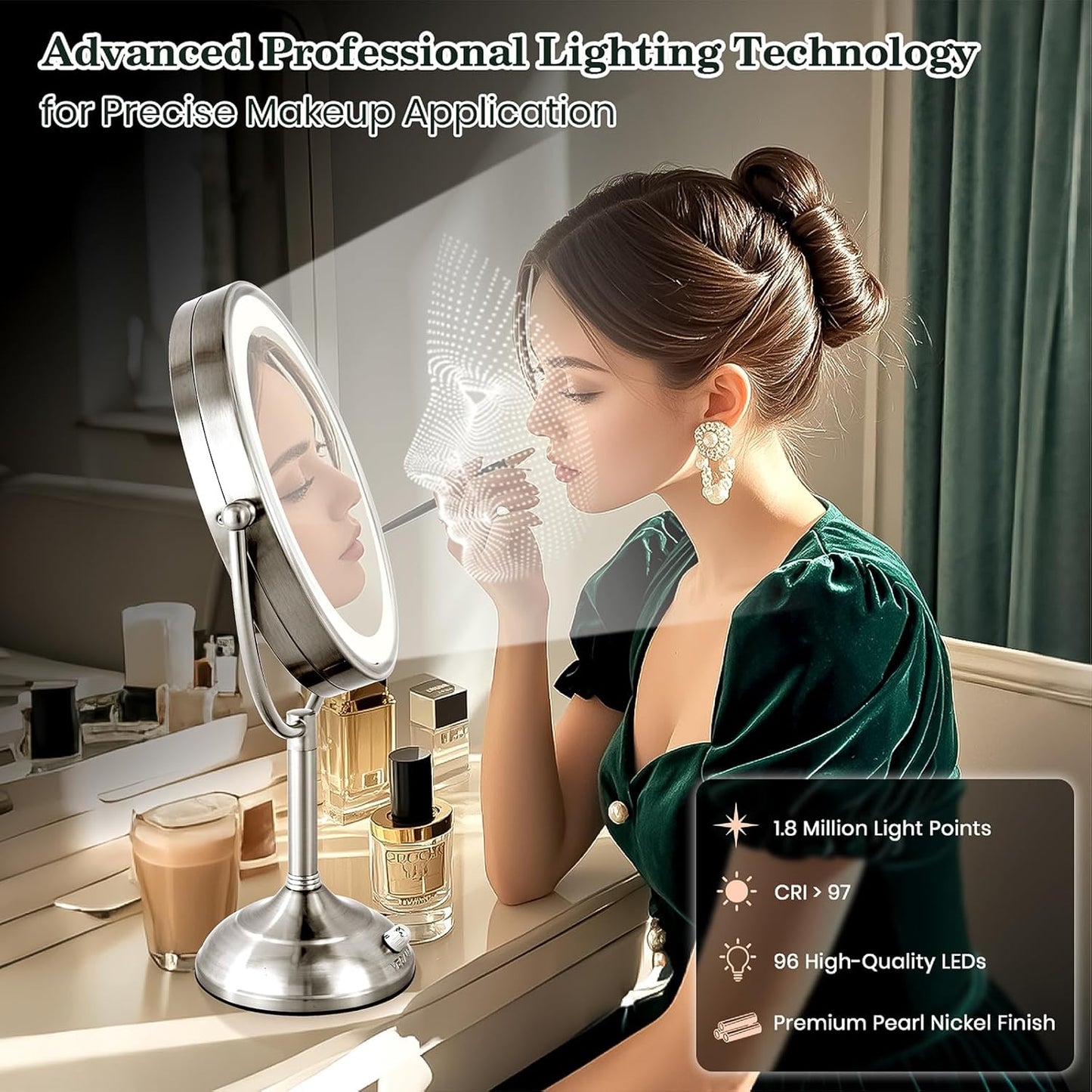 11.8" Extra Large 17" Tall Lighted Makeup Mirror, 1X/5X/10X 3-Sided , 3 Color 360° Swivel Dual Power Vanity Mirror