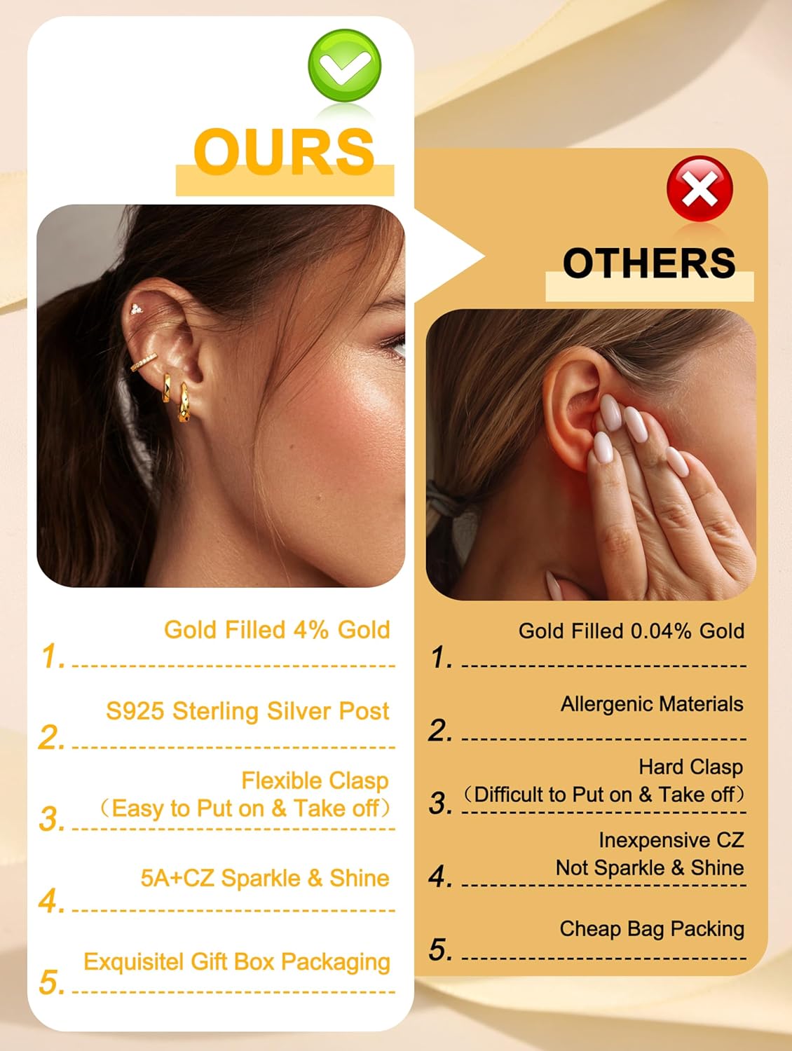 Hypoallergenic Gold Hoop Earrings for Women S925 Sterling Silver Post Chunky Cartilage Earring Stacks Non Tarnish 14K Gold Filled Small
