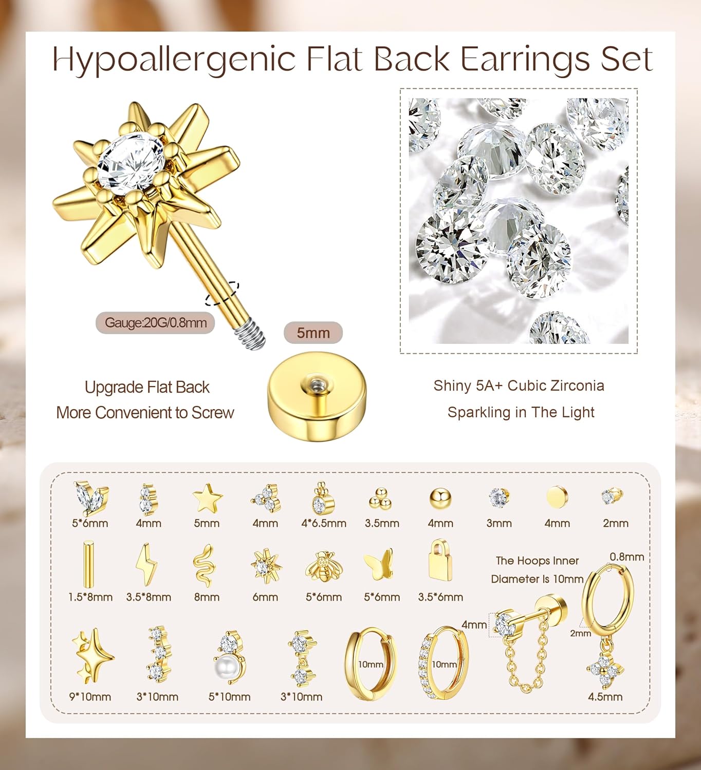 25 Pcs Hypoallergenic Earrings for Sensitive Ears Surgical Stainless Steel Earrings for Women Dainty Flat Back Earring Studs Hoop