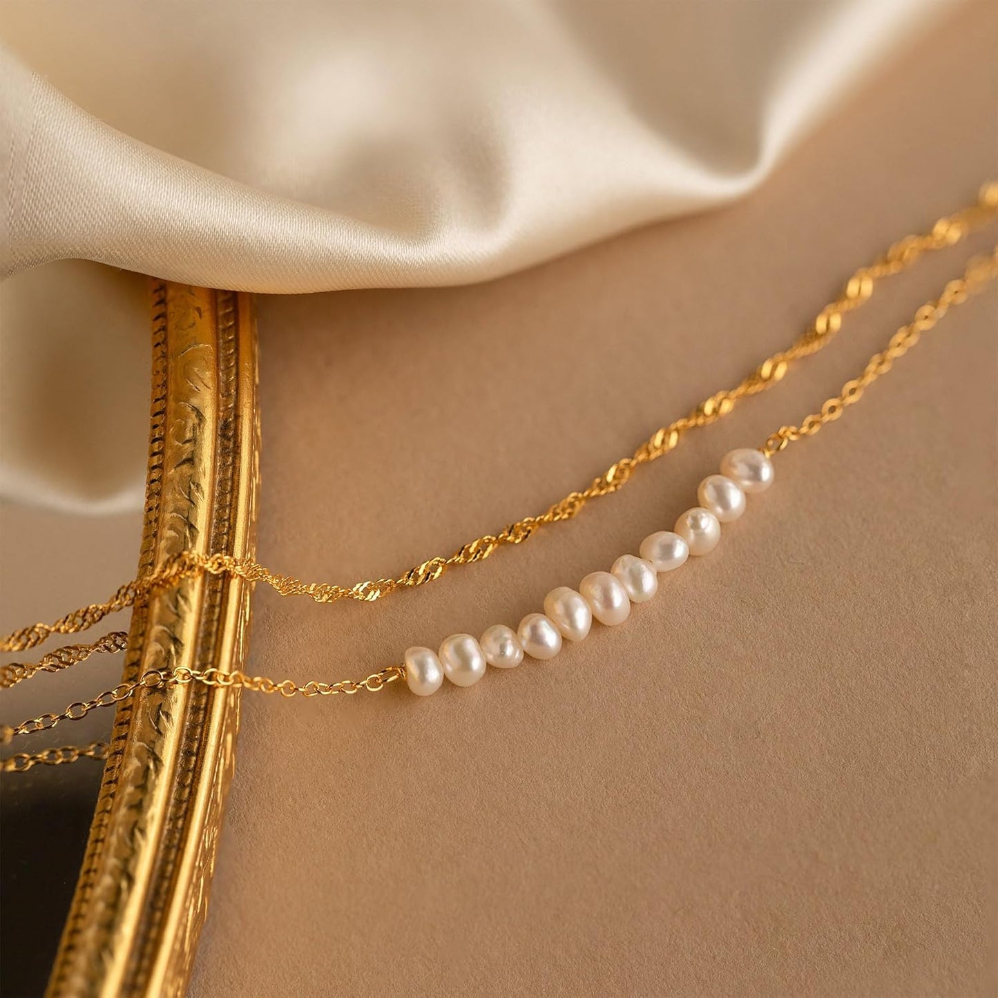 Gold Bracelets for Women Trendy, 14K Real Gold Plated Dainty Stackable Pearl Snake Chain CZ Heart Pendant Bracelets Adjustable 6"+2"