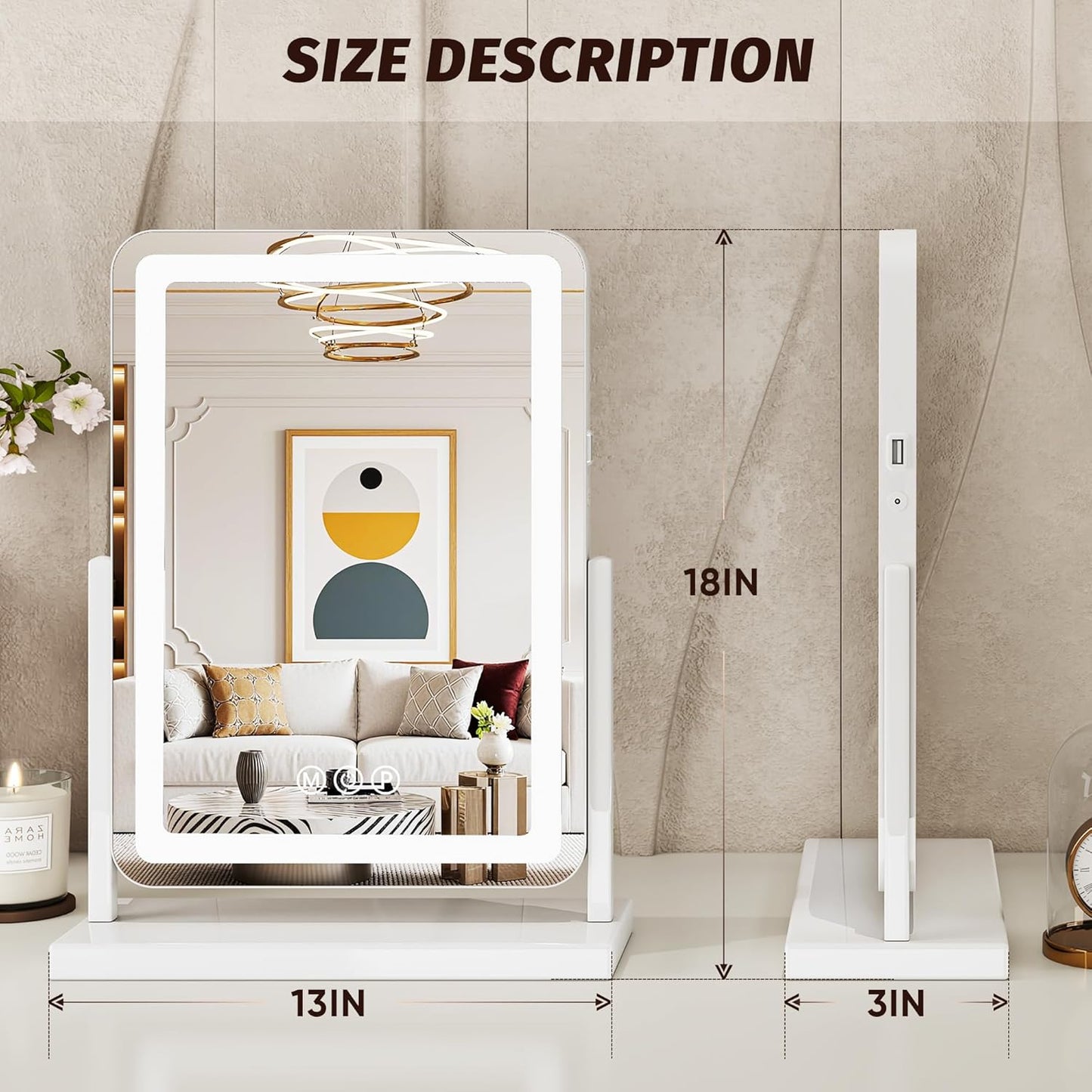 Vanity Mirror with Lights, 18"x13" Lighted  Smart Touch Control 360° Rotation Detachable
