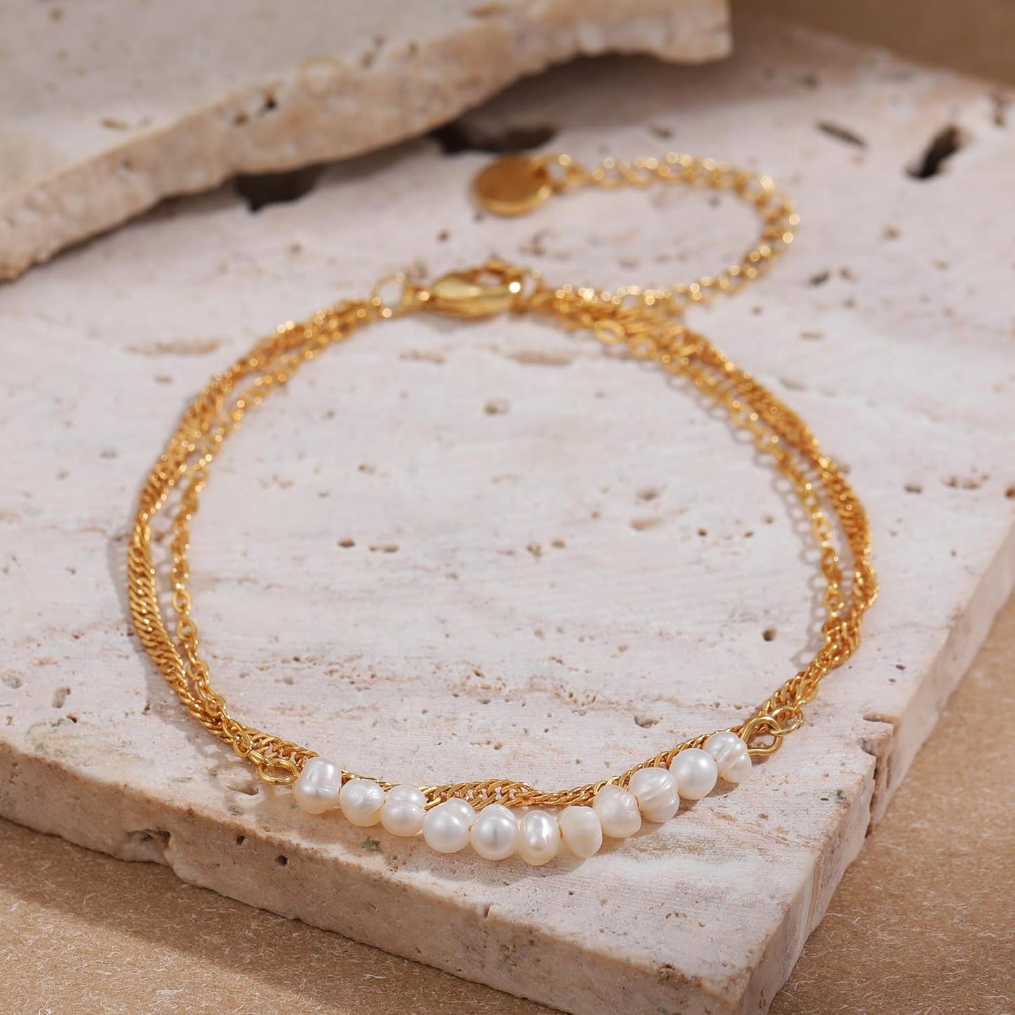 Gold Bracelets for Women Trendy, 14K Real Gold Plated Dainty Stackable Pearl Snake Chain CZ Heart Pendant Bracelets Adjustable 6"+2"