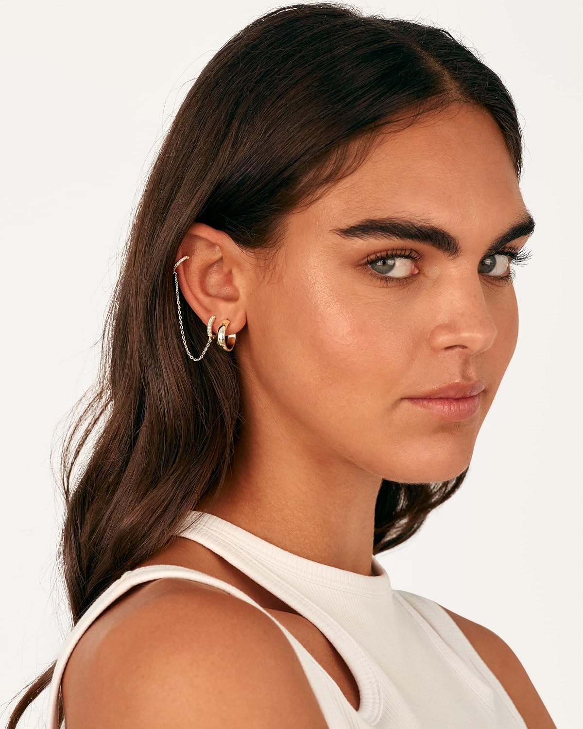 14K Gold Chain Earrings for Women | Double Piercing Dangle Chain Huggie Hoop Earrings | Cubic Zirconia Pearl Stud Ear Cuff Earrings for Women