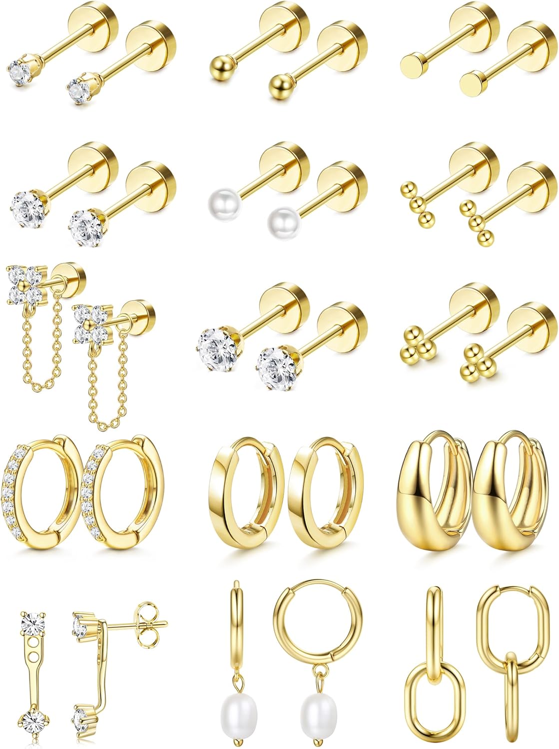 Flat Back Earrings for Women Surgical Steel Earrings for Sensitive Ears-20G Cartilage Earring Stacks Gold Hoops Flatback