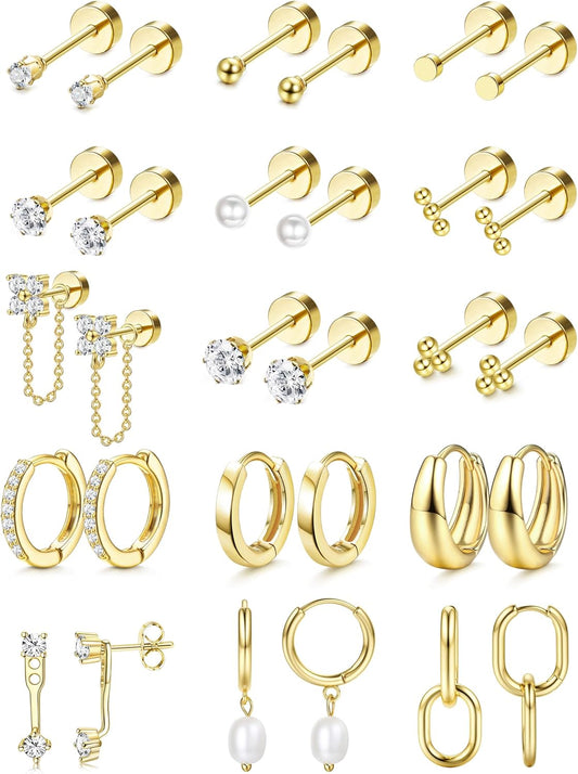 Flat Back Earrings for Women Surgical Steel Earrings for Sensitive Ears-20G Cartilage Earring Stacks Gold Hoops Flatback