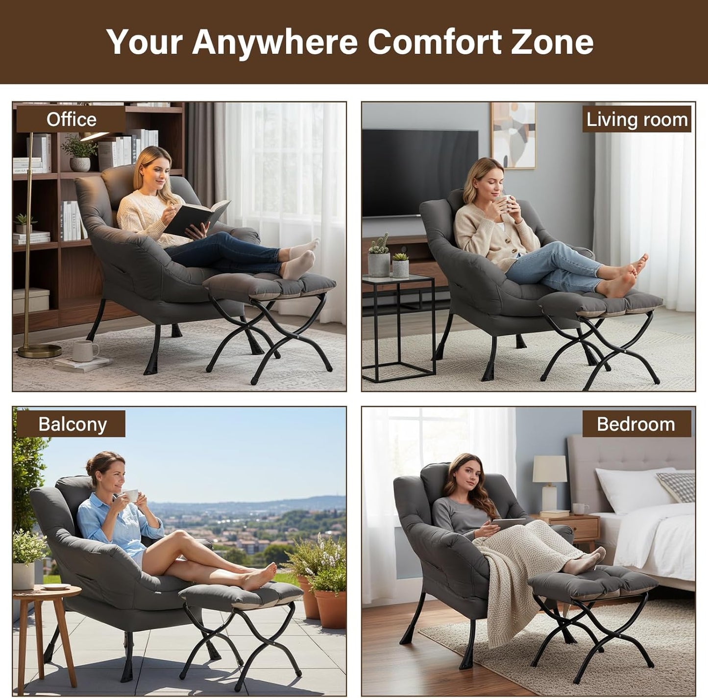 Lazy Lounge Chair with Ottoman and Side Pocket - Modern Accent Armchair with Armrests, Reading and Space Relaxation
