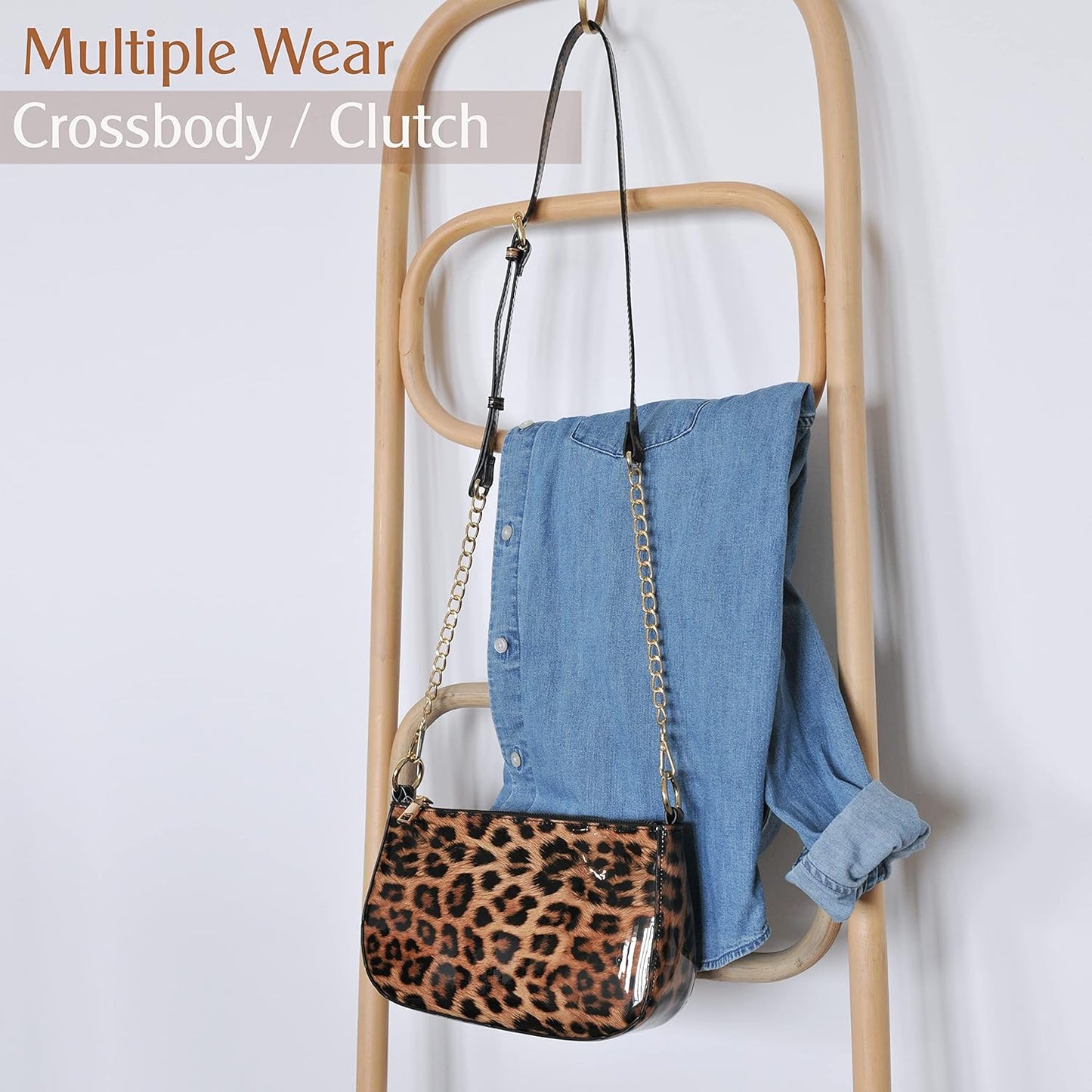 Leopard  Women Shoulder Bag Glossy Patent Vegan Leather Crossbody Bag Clutch Purse