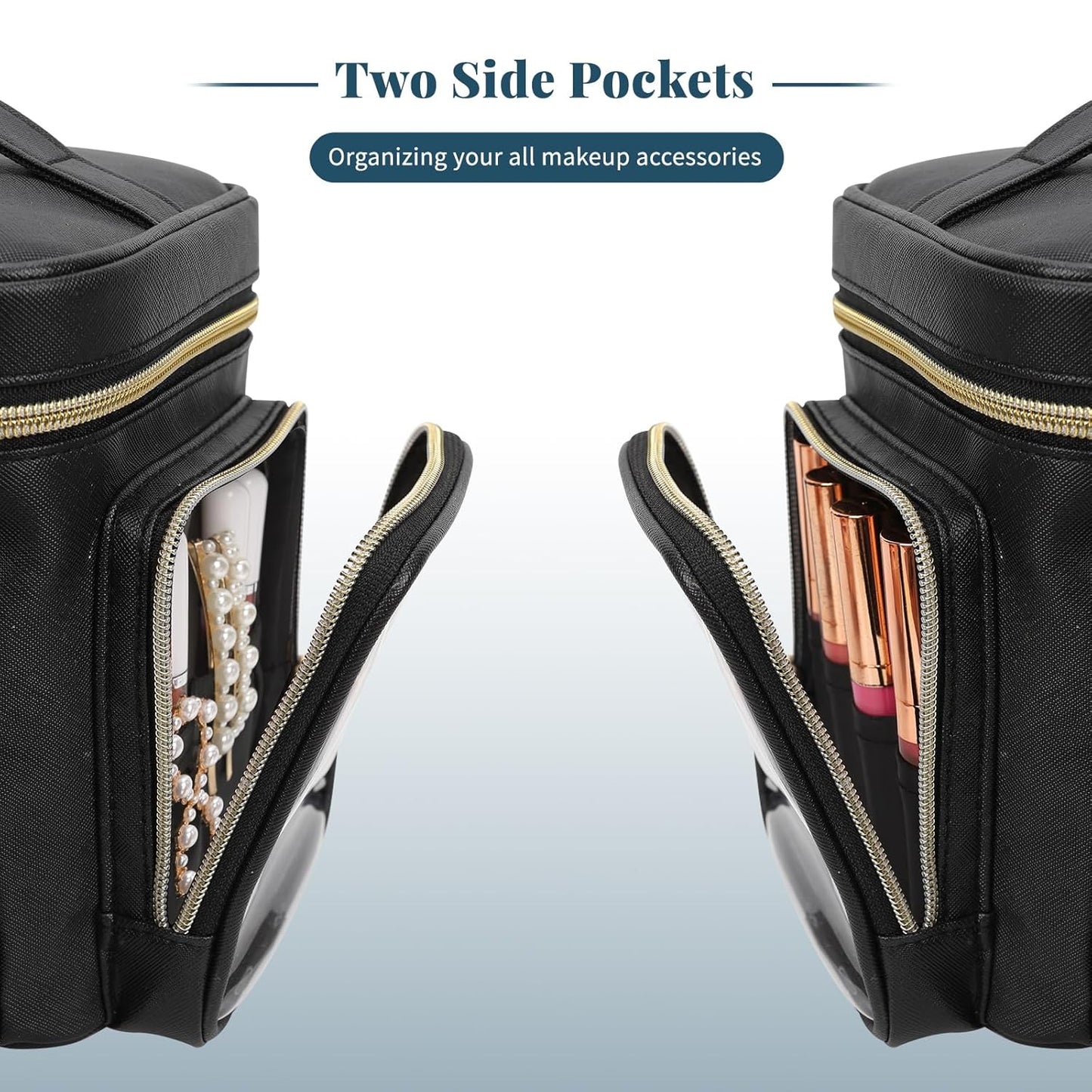 Large Makeup Bag, Organizer for Women Girls with Makeup Brush Compartment & Two Side Pockets