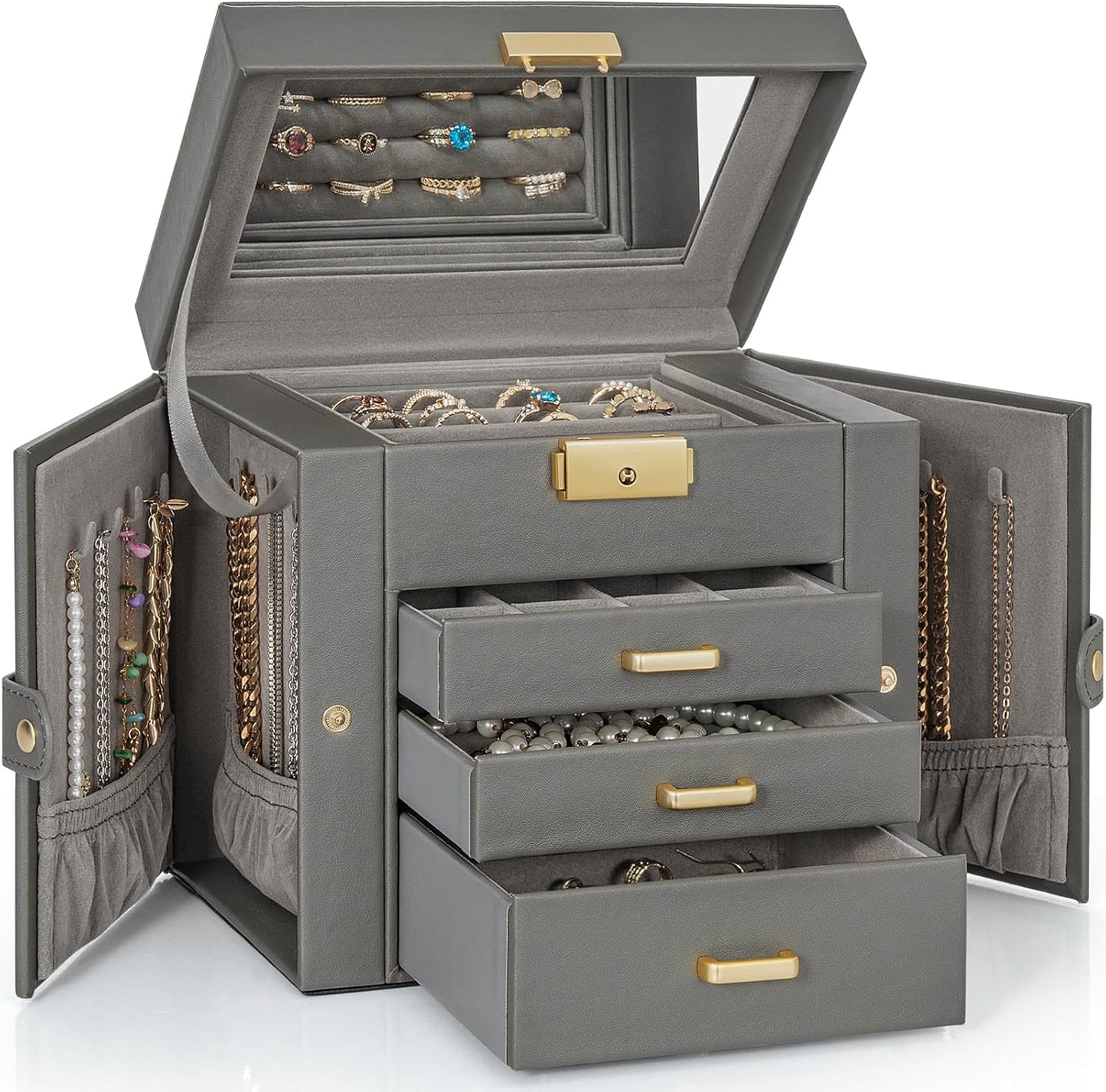 4-Tier Jewelry Box Leather Jewelry Storage Organizer with 3 Drawers Lockable