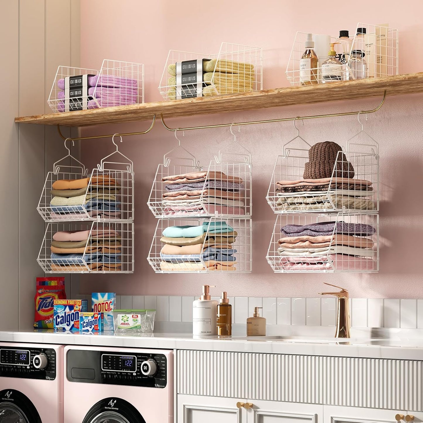 6 Tier Closet Hanging Organizer, Clothes Hanging Shelves with 4 Hanging Hooks 5 S Hooks