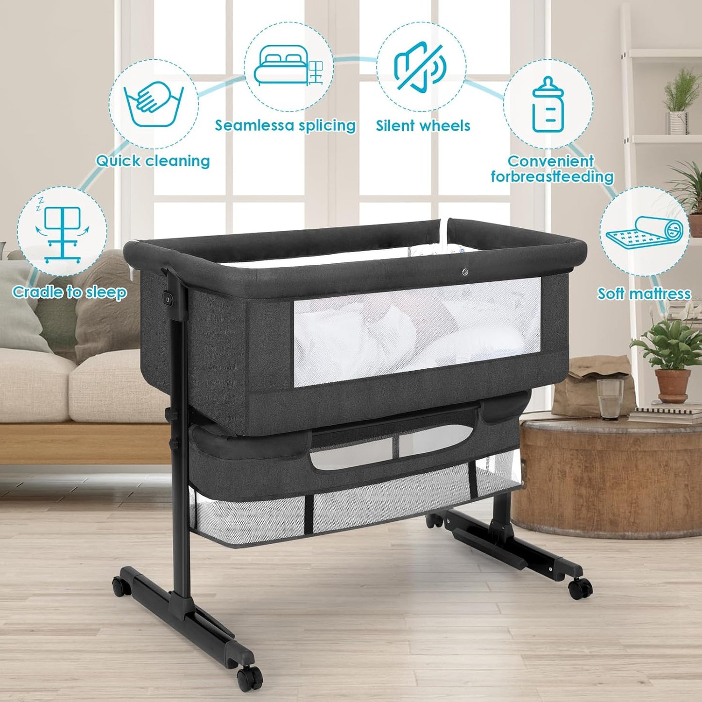 Bassinet,  Basinet Bedside Sleeper, Easy to Fold Portable Crib Side Bassinet  (Dark Gray)