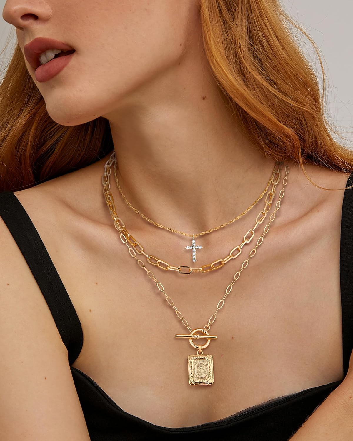 14K Gold Plated Layered Initial Necklace - Cross & Letter Pendant Choker