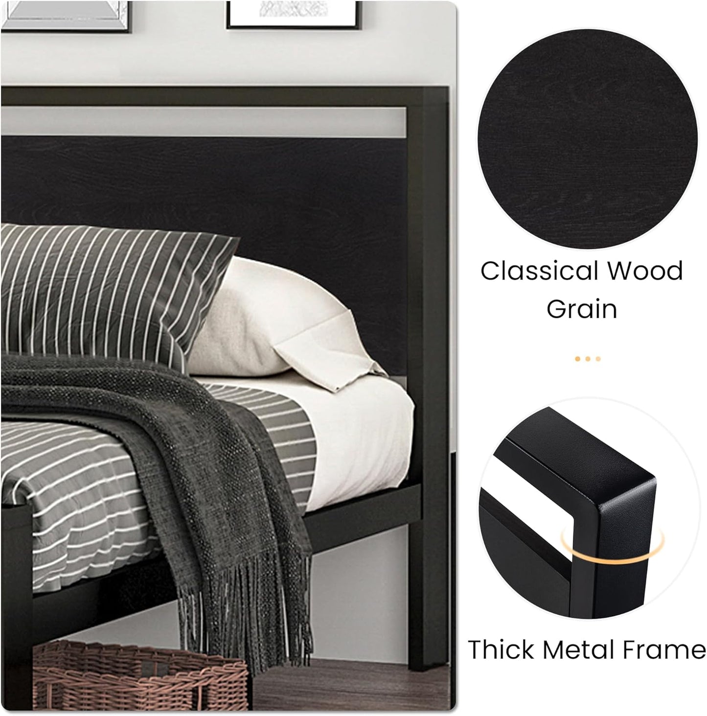 Queen Size Metal Platform Bed Frame with Wooden Headboard and Footboard, Mattress Foundation, No Box Spring Needed