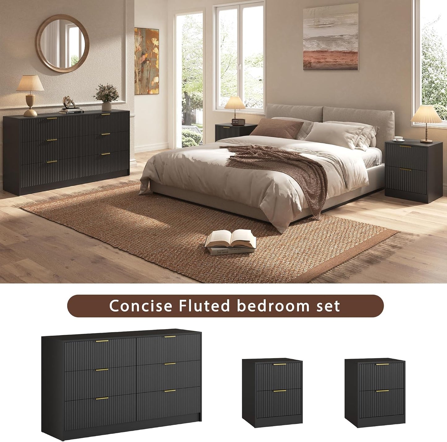 3-Piece Modern Bedroom Furniture SetWide 6-Drawer Dresser & 2-Drawer Nightstands Setof 2, Natural Wood Dresser and Nightstand Sets forBedroom, Hallway, Black