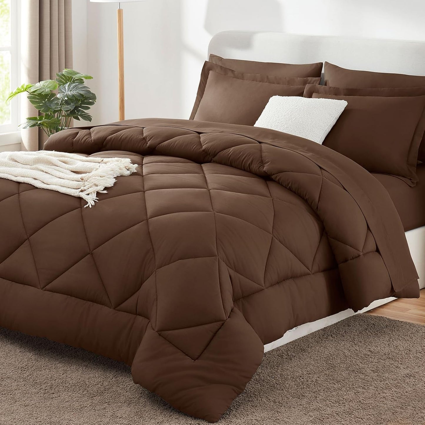 Queen Comforter Set Dark Grey - Bed in a Bag Queen Size 7 count, Luxury Soft Bed Set , Bedding Set with
