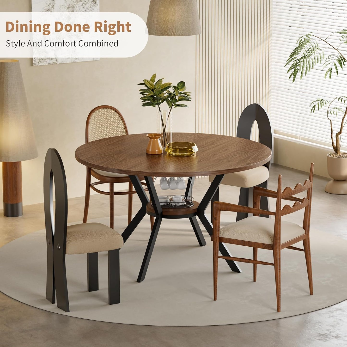 42" Round Dining Table for 4, Farmhouse Kitchen Table with Storage, Space Saving Circle Dinner Table