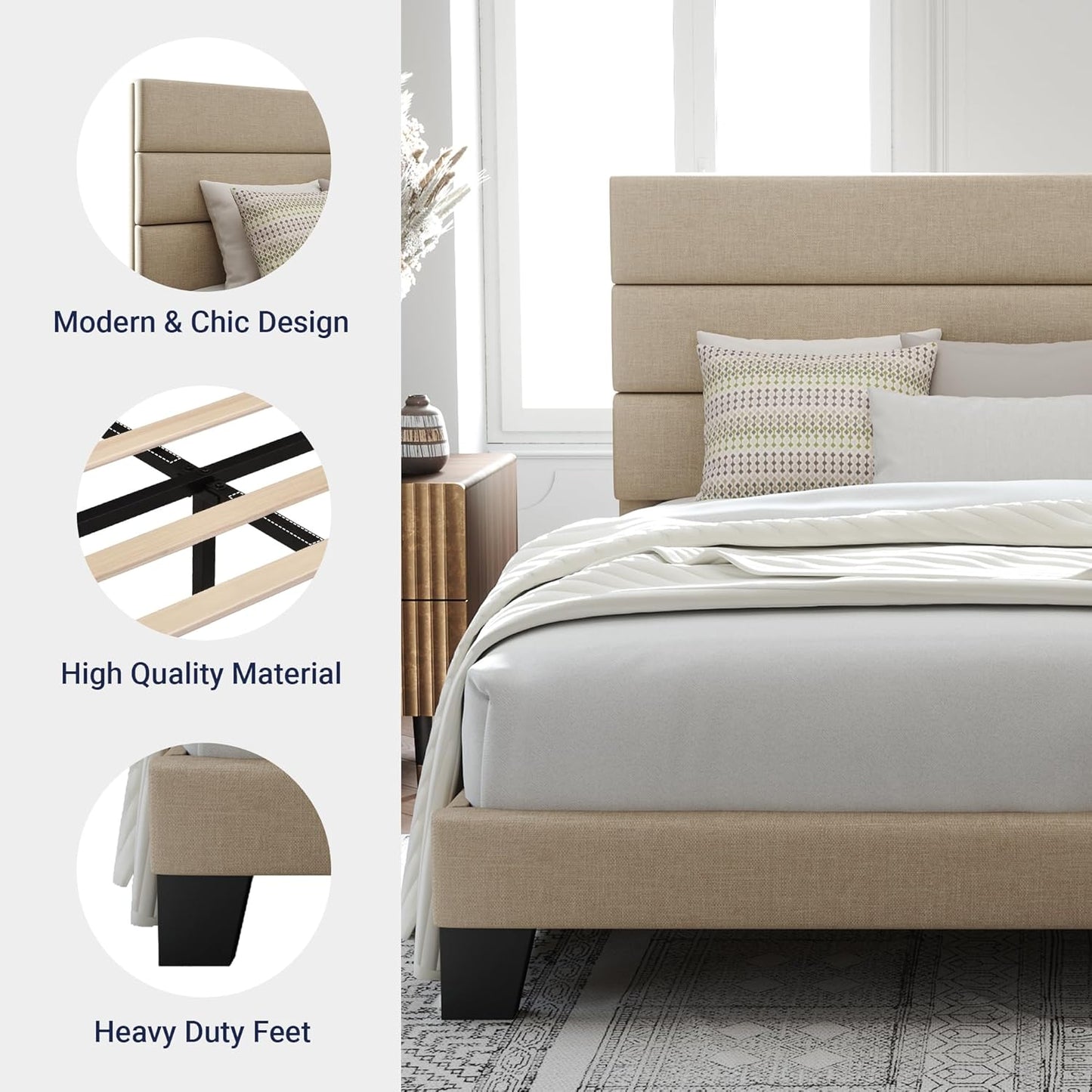 King Size, Platform Bed Frame with Fabric Upholstered and Wooden Slats Support, /No Box Spring Needed