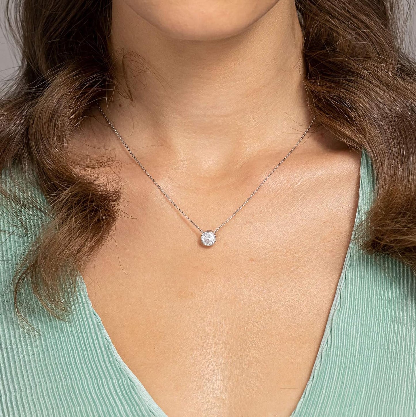 14K Gold Circle Pendant Necklace - Solitaire CZ with Halo Setting