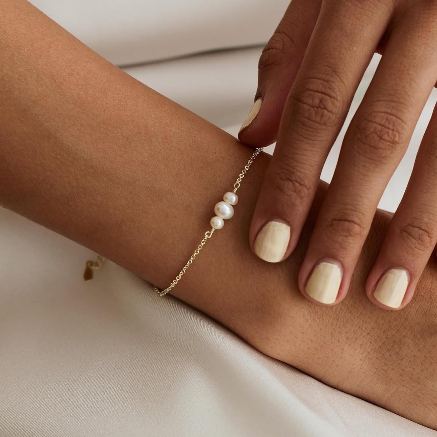 Gold Bracelets for Women Trendy, 14K Real Gold Plated Dainty Stackable Pearl Snake Chain CZ Heart Pendant Bracelets Adjustable 6"+2"