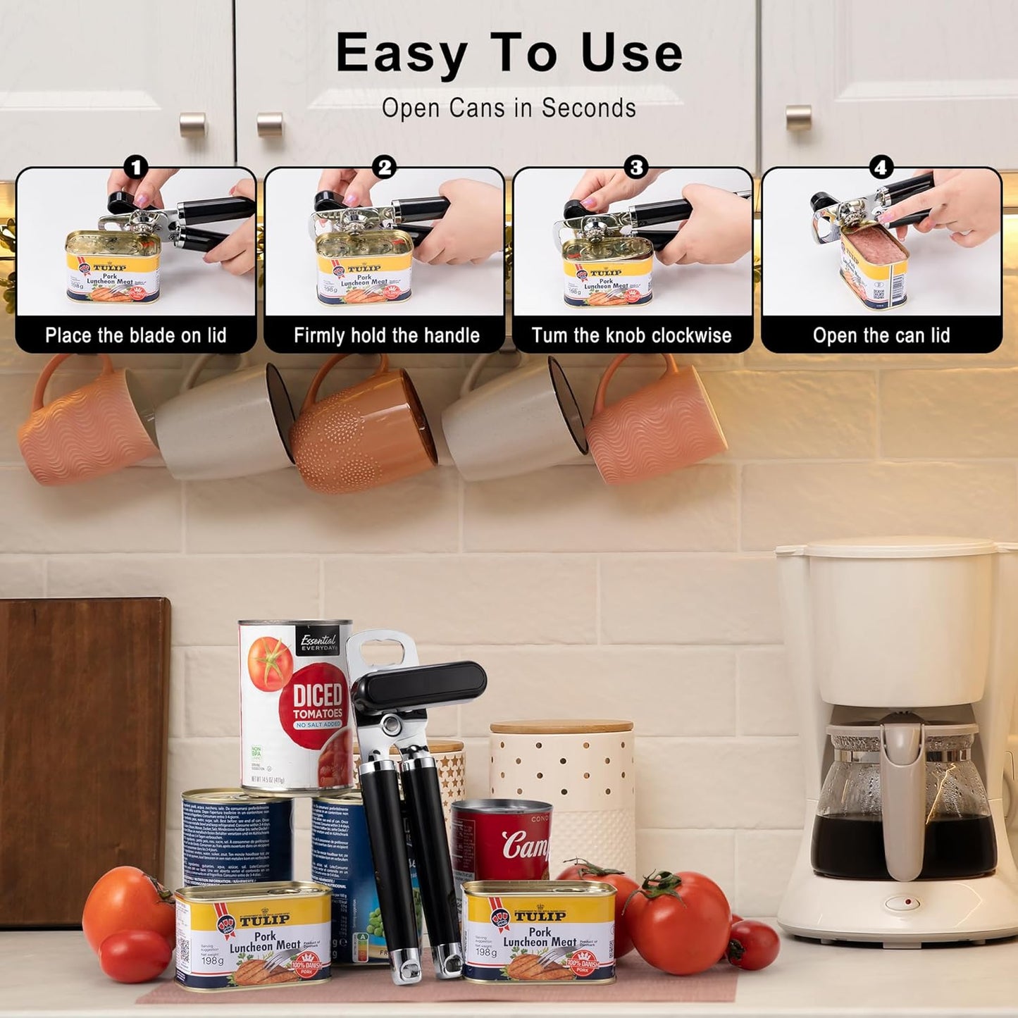 Large Heavy Duty Can Opener Manual Smooth Edge Stainless Steel, Comfortable Handle, Built-in Bottle Opener, 8.66 inch