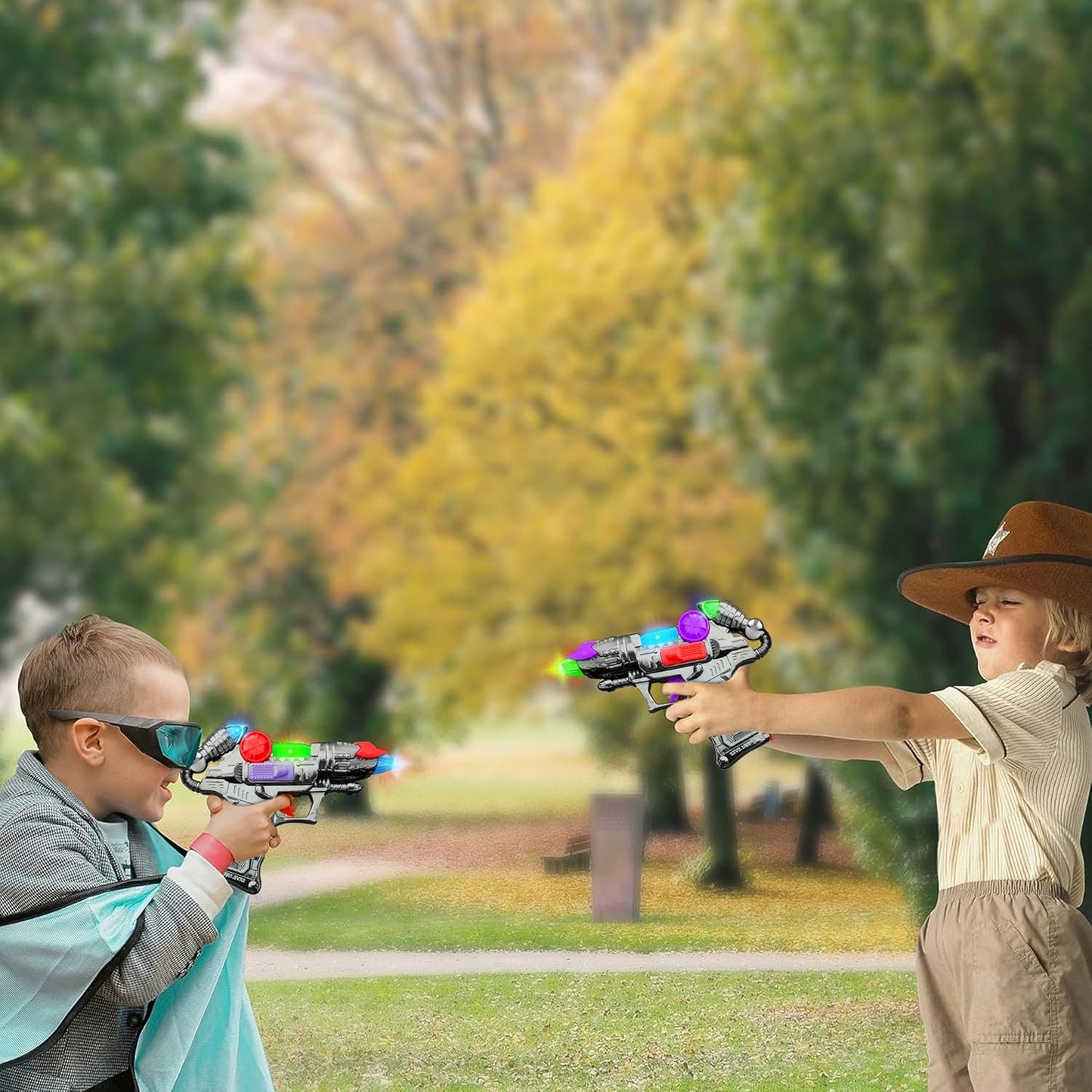 OMOMMD Ranger Hand-Gun Toy Set with Flashing Lights & Sounds, 2 Cool Futuristic Handguns, Pretend Play, Great Party Favor, Gift for Boys and Girls, Batteries Included- Colors May Vary