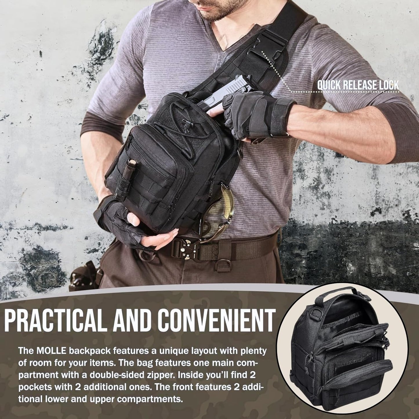 Tactical Shoulder Sling Bag Small Outdoor Chest Pack Backpack for Men Traveling, Sling Backpack
