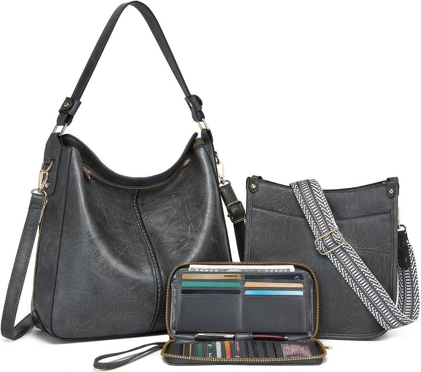 3PCS Crossbody Bags Set Large Leather Purse Shoulder Handbags with Wallet Adjustable Straps