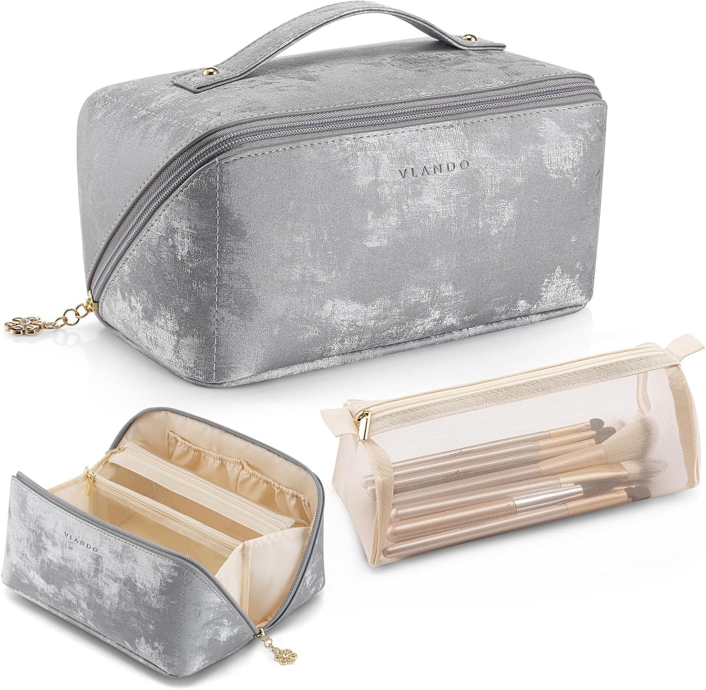 Makeup Bag,Large Capacity Travel Toiletry Bag,Cosmetic Bags for Women PU Leather Waterproof Portable Pouch with Divider & Handle-Toffee