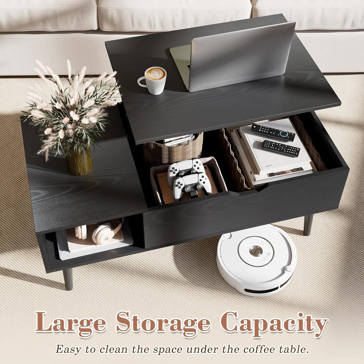 Coffee Table -Wood Lift Top with Hidden Compartment and Large Storage Shelf, Lift Tabletop Dining Center Table