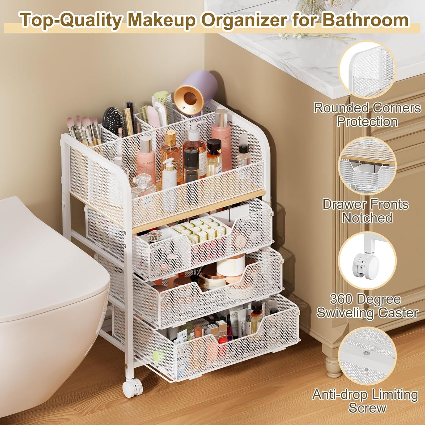 3 Drawers Makeup Cart Organizer with Divider, Under Desk Floor Skincare Organizers