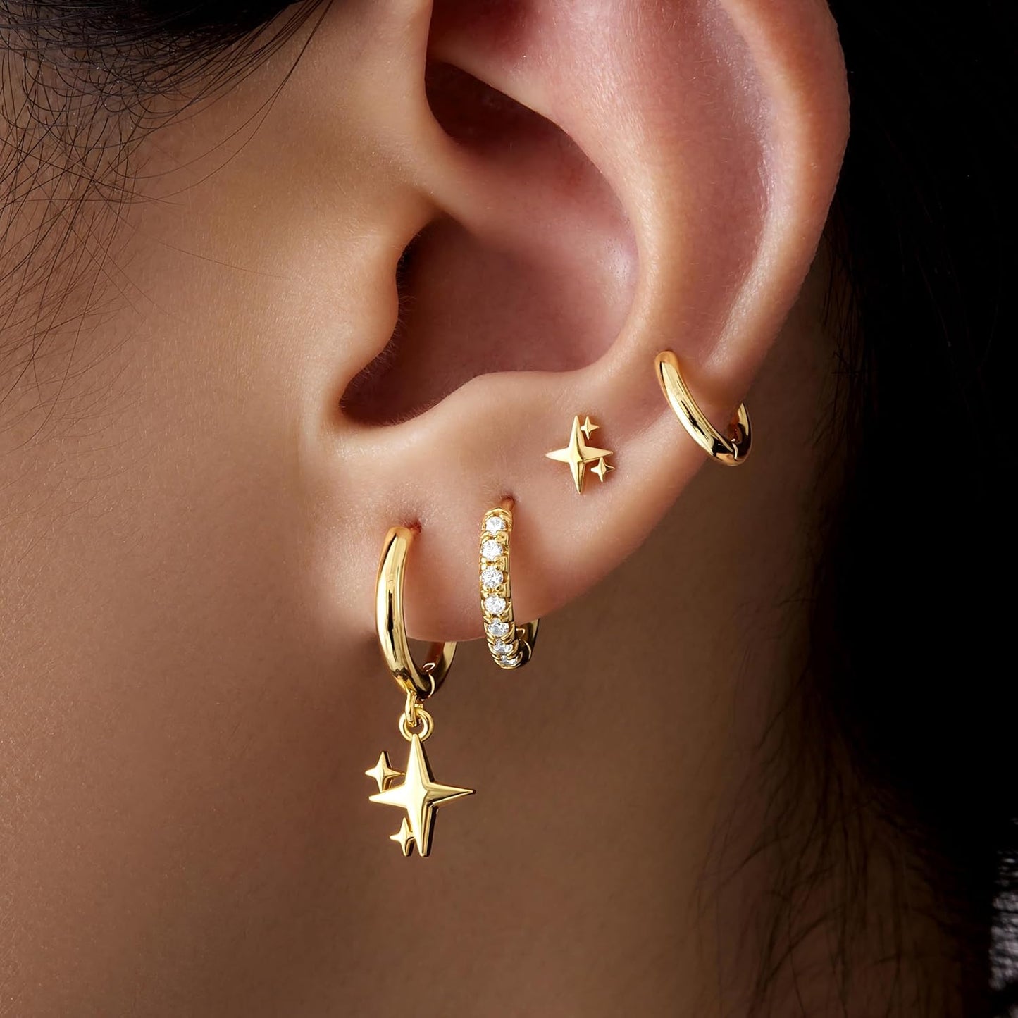 Small Gold Huggie Hoop Earrings Set for Women Men Hypoallergenic 14K Plated Stack Cartilage Earrings, Multiple Piercing
