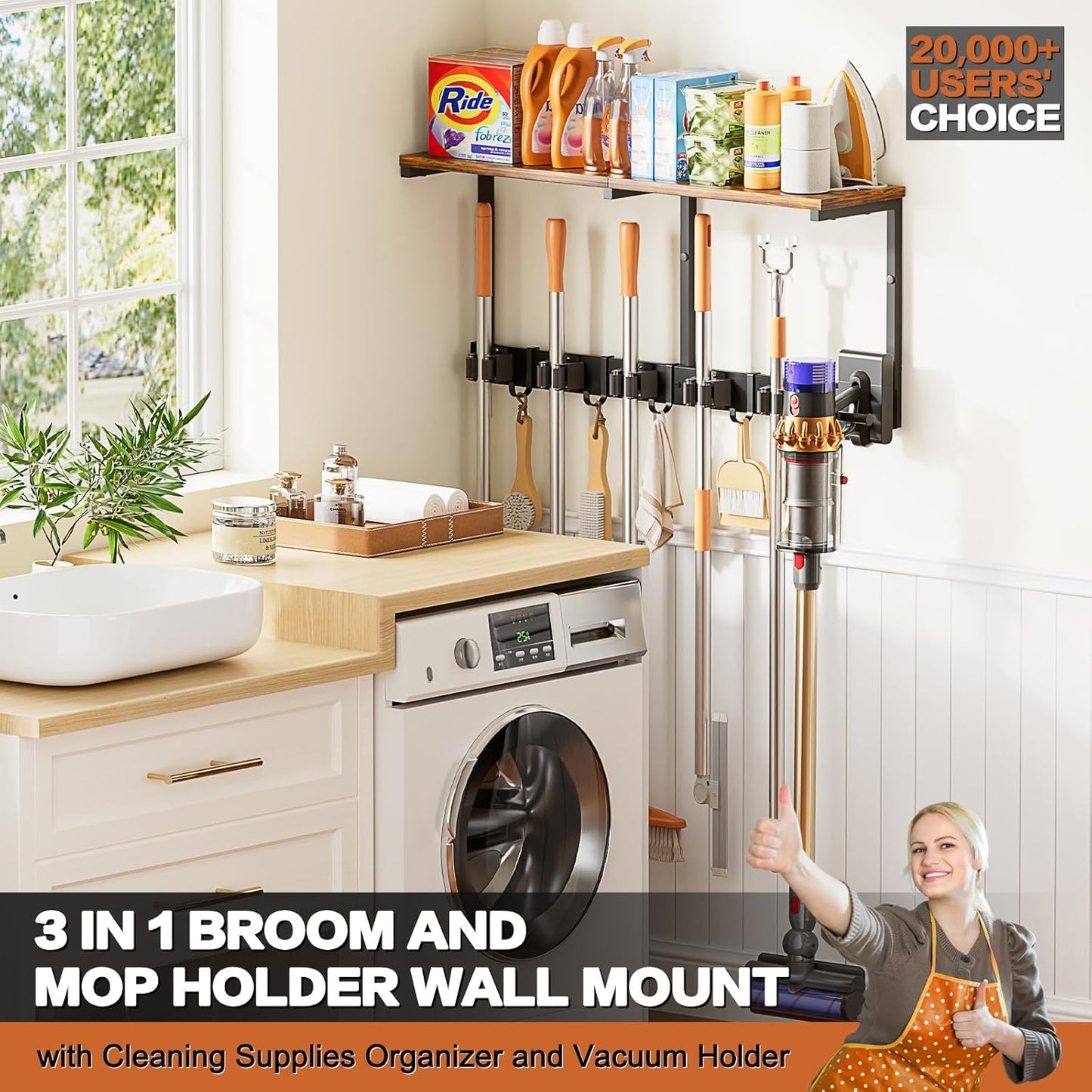 Broom Holder Wall Mount with Cleaning Supplies Organizer, Laundry Room Organization Hooks