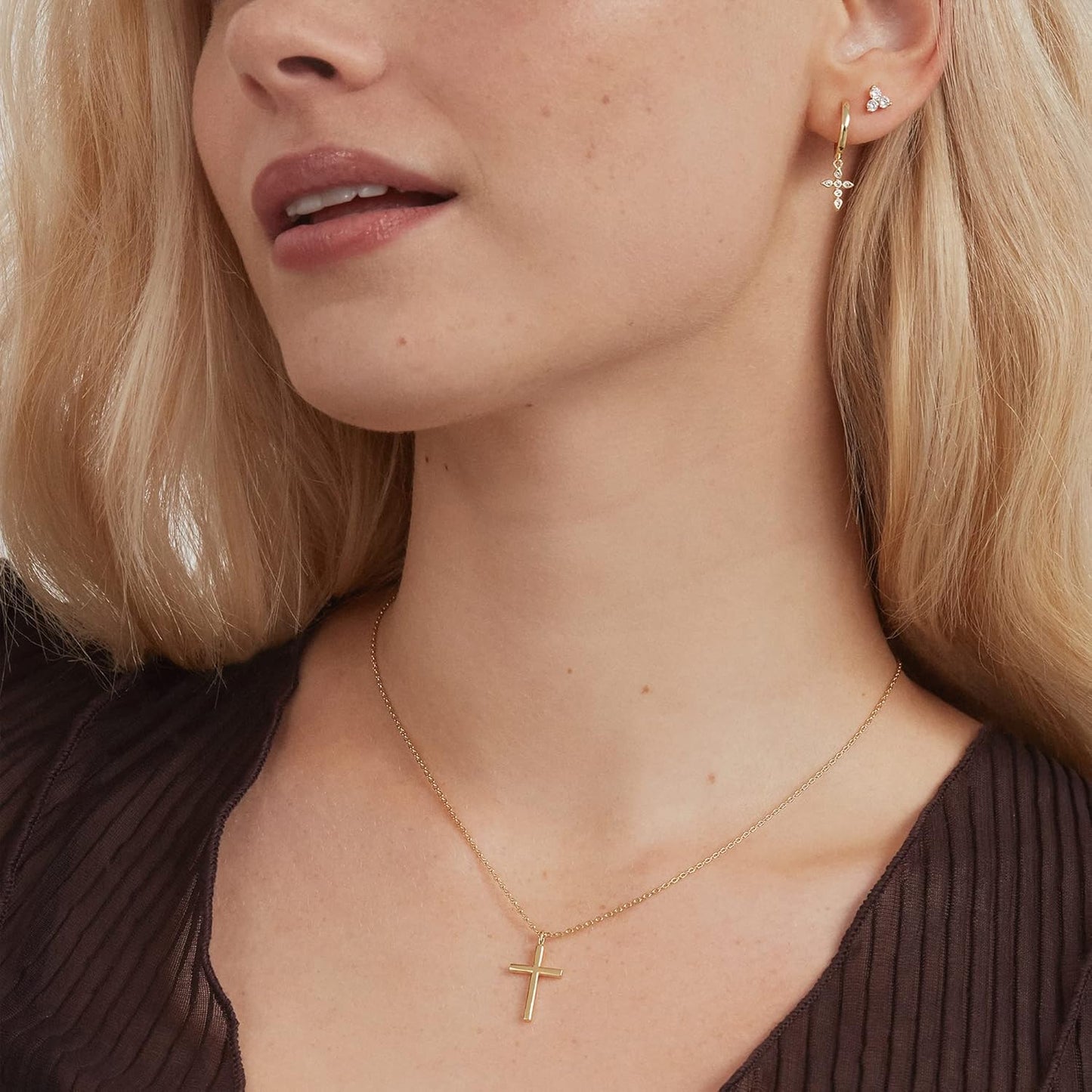 Minimalist 14K Gold CZ Cross Necklace - Linear Bezel Design