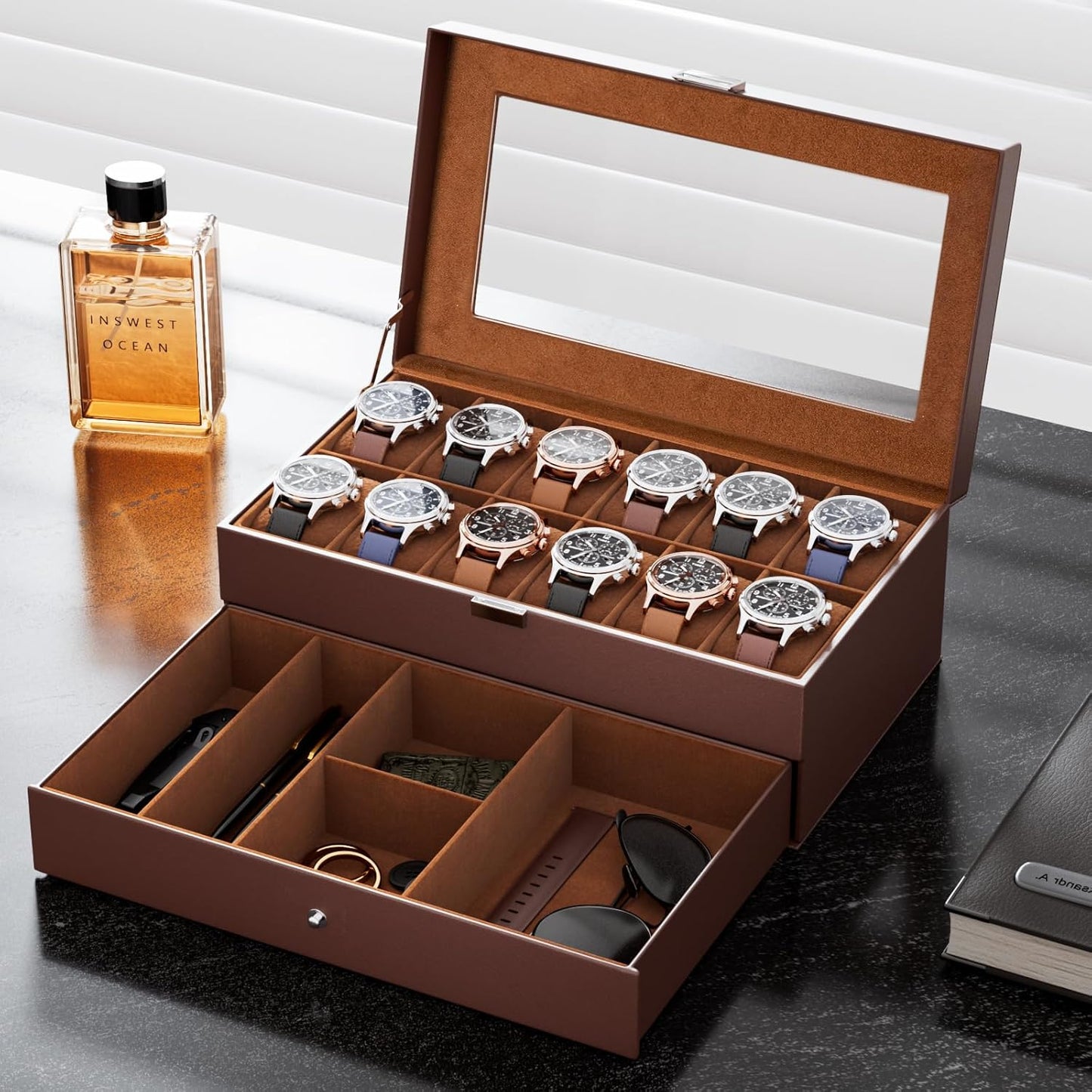 12 Slot Men Watch Case With Drawer, Watch Display Case With Glass Lid, 2-Layer Watch Holder Organizer