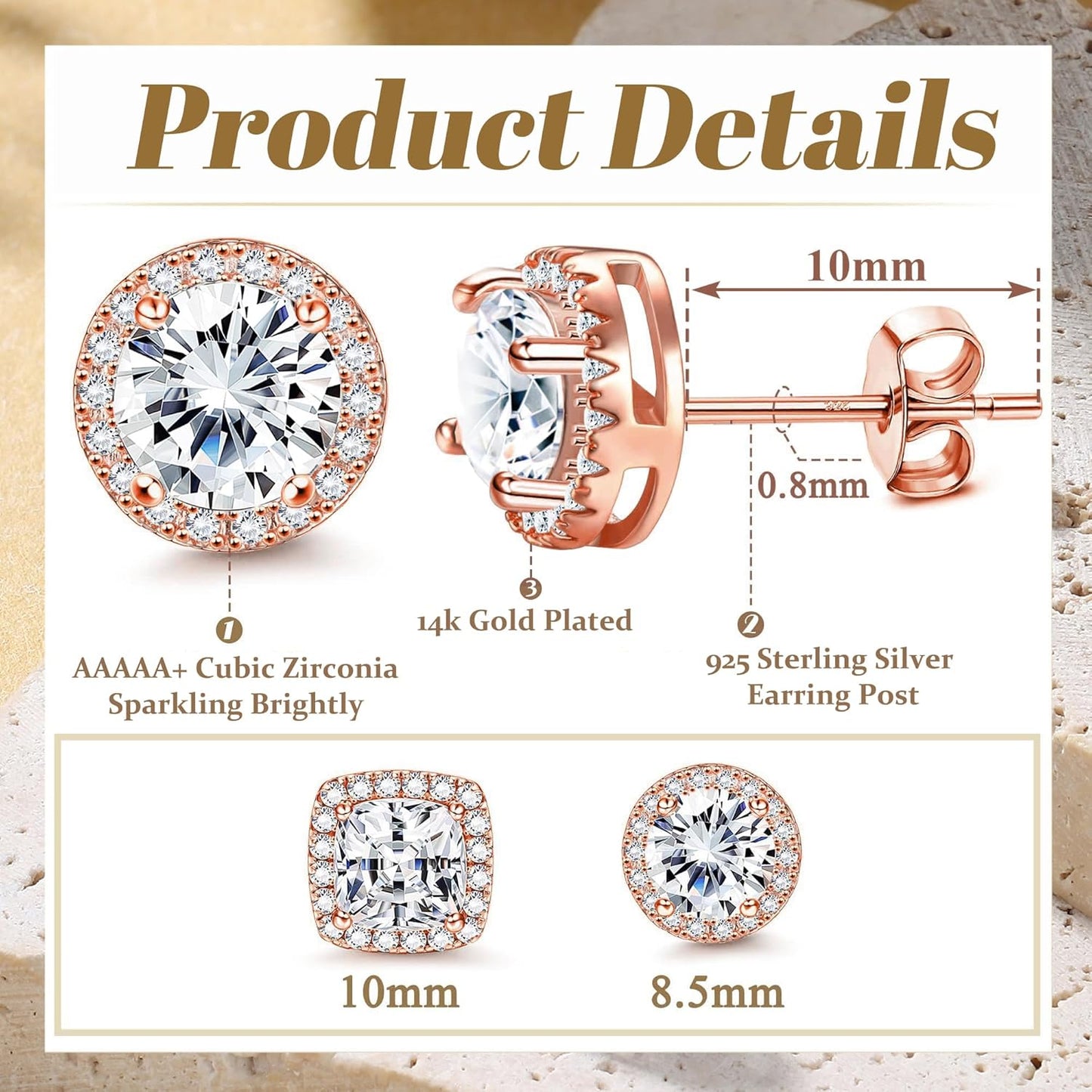 Hayoso 18K Gold Plated Halo Stud Earrings 925 Sterling Silver Cubic Zirconia Stud Earrings Round Square Diamonique Stud