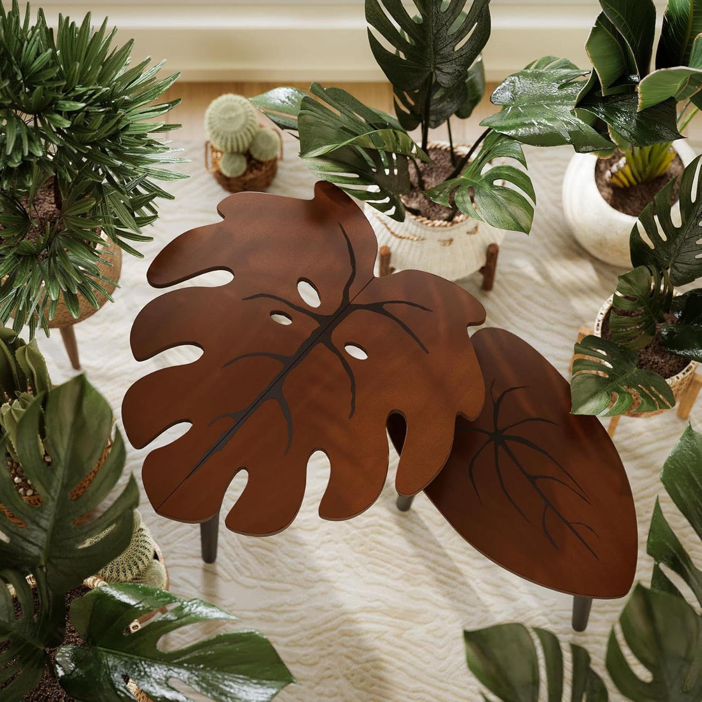 Monstera Leaf Nesting Tables Set of 2, Small Coffee Table Set with Leaf Vein Pattern, Modern Wooden Side Tables