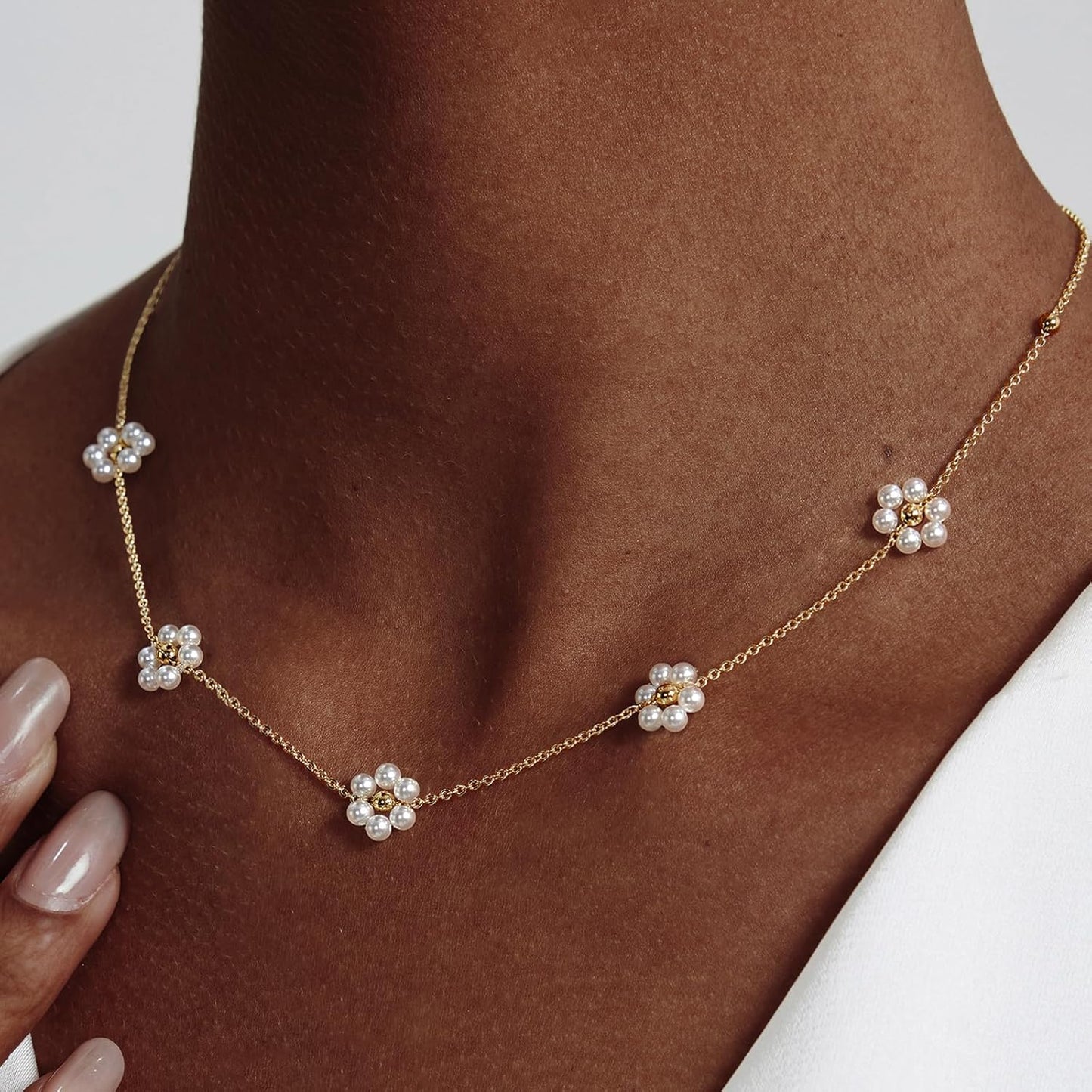 14K Gold Plated Pearl Necklace Set for Women - Dainty Layered Daisy Choker, Elegant Gift