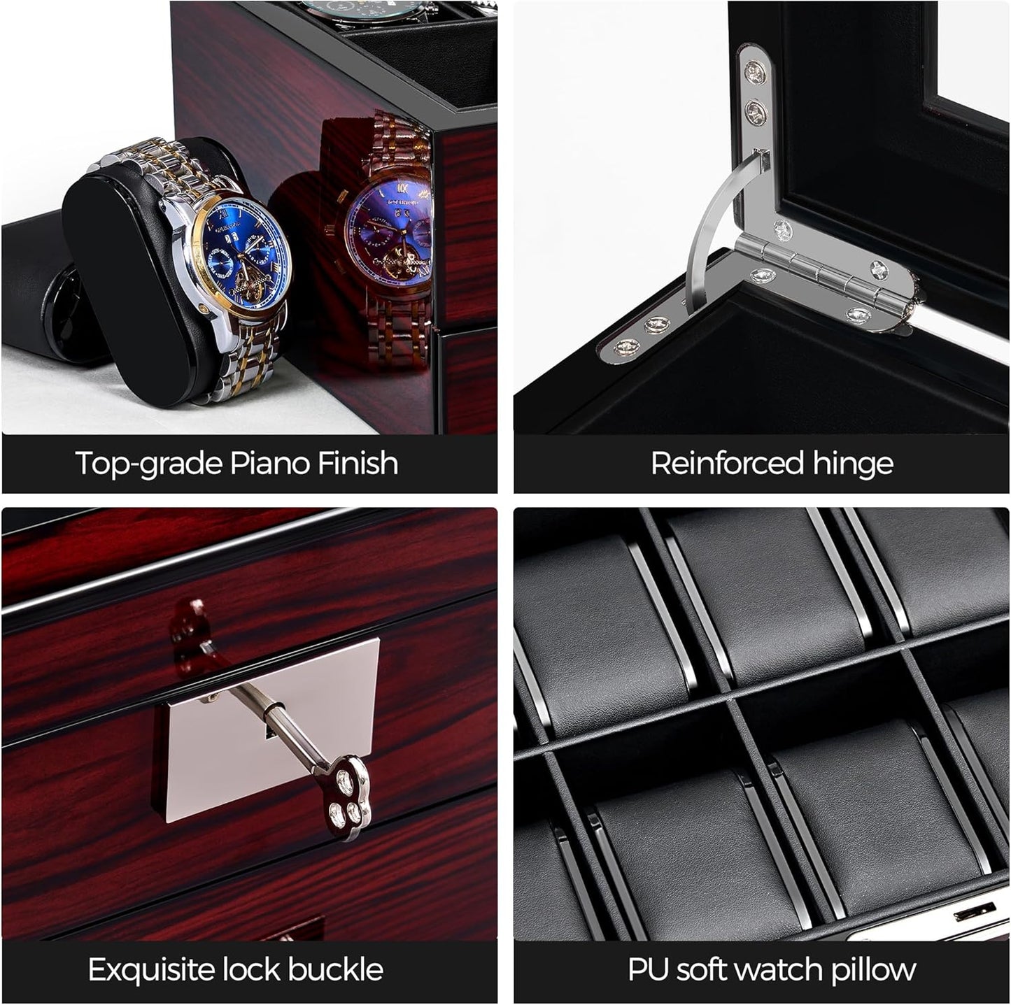 12 Slot Watch Cases for Men, Watch Box with Large Lid Jewelry Box, Watch Holder Organizer Lockable Watch