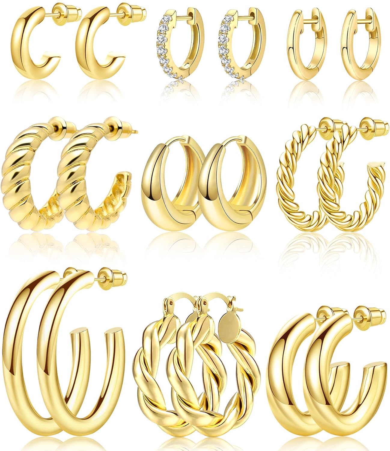 9 Pairs Gold Hoop Earrings Set for Womens Twisted Huggie Hoops Earrings 14K 18K Gold Plated for Girls Valentines Mother's