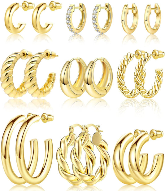 9 Pairs Gold Hoop Earrings Set for Womens Twisted Huggie Hoops Earrings 14K 18K Gold Plated for Girls Valentines Mother's