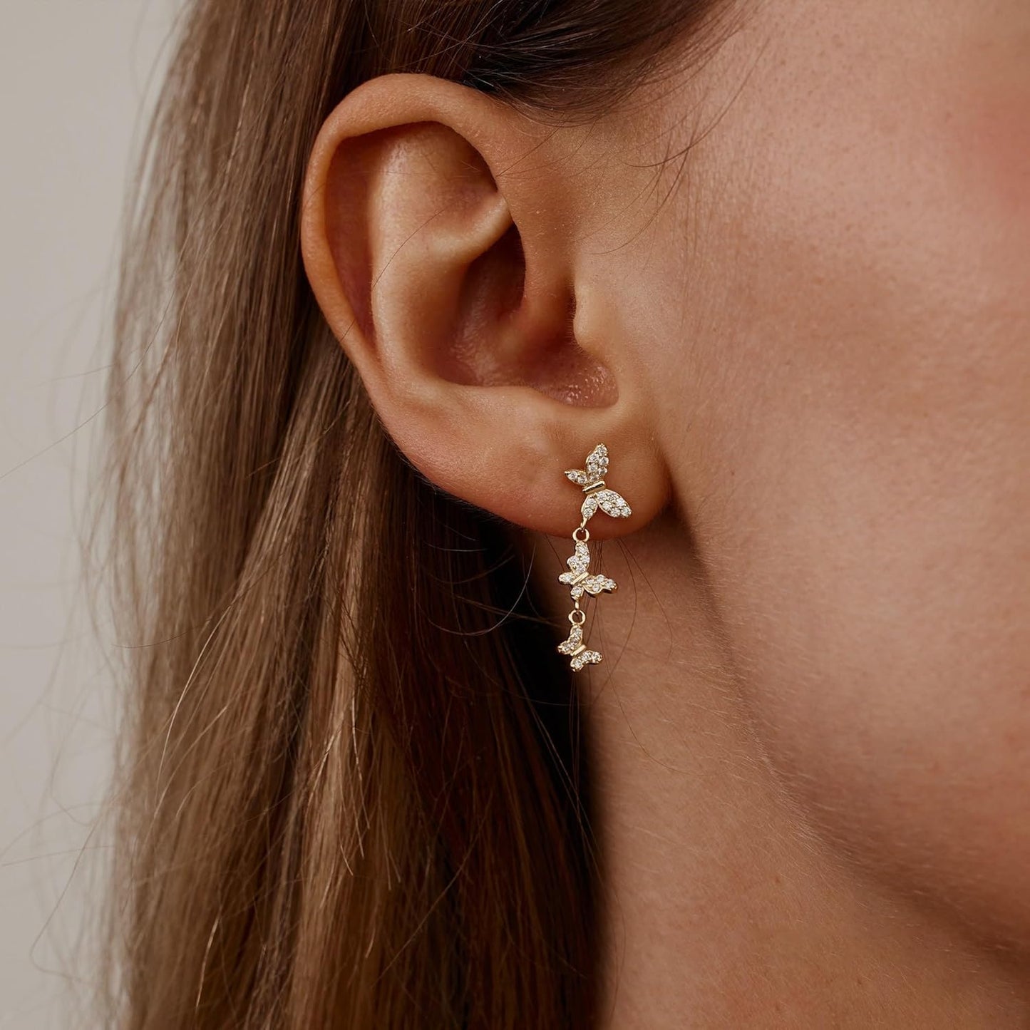 14K Gold Plated Butterfly Dangle Earrings for Women - Dainty, Trendy, CZ Drop Earrings - Simple Long Dangling Jewelry