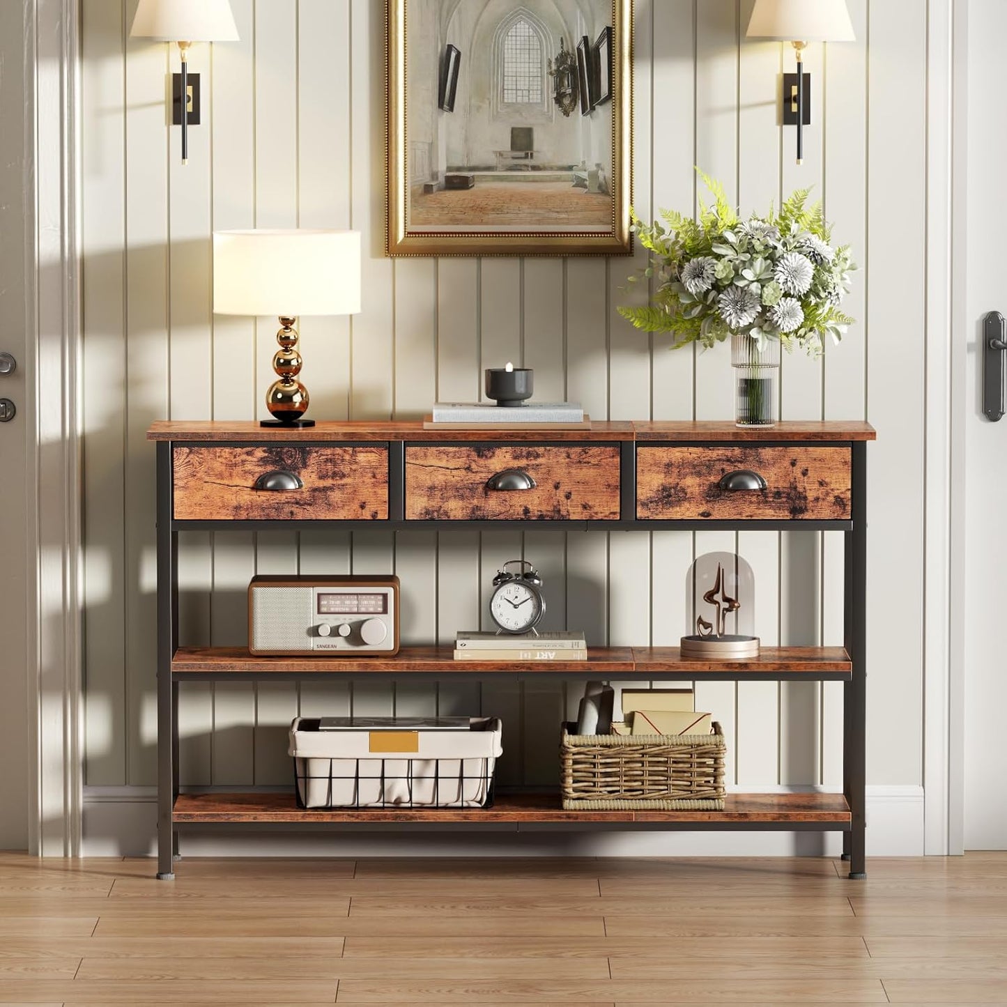 Long 47" Console Sofa Table with 3 Drawers, Entryway Table with 3-Tier Storage Shelves