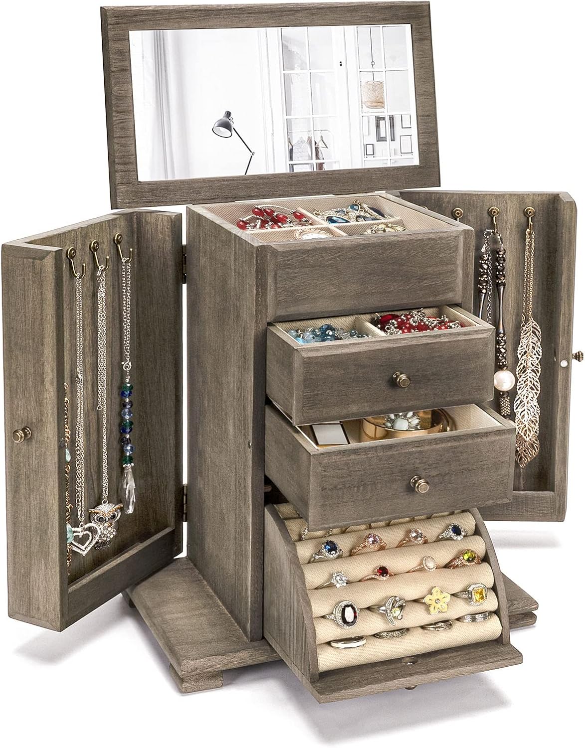 Rustic Wooden Jewelry Boxes & Organizers with Mirror, 4 Layer Jewelry Organizer Box (Rustic Brown)