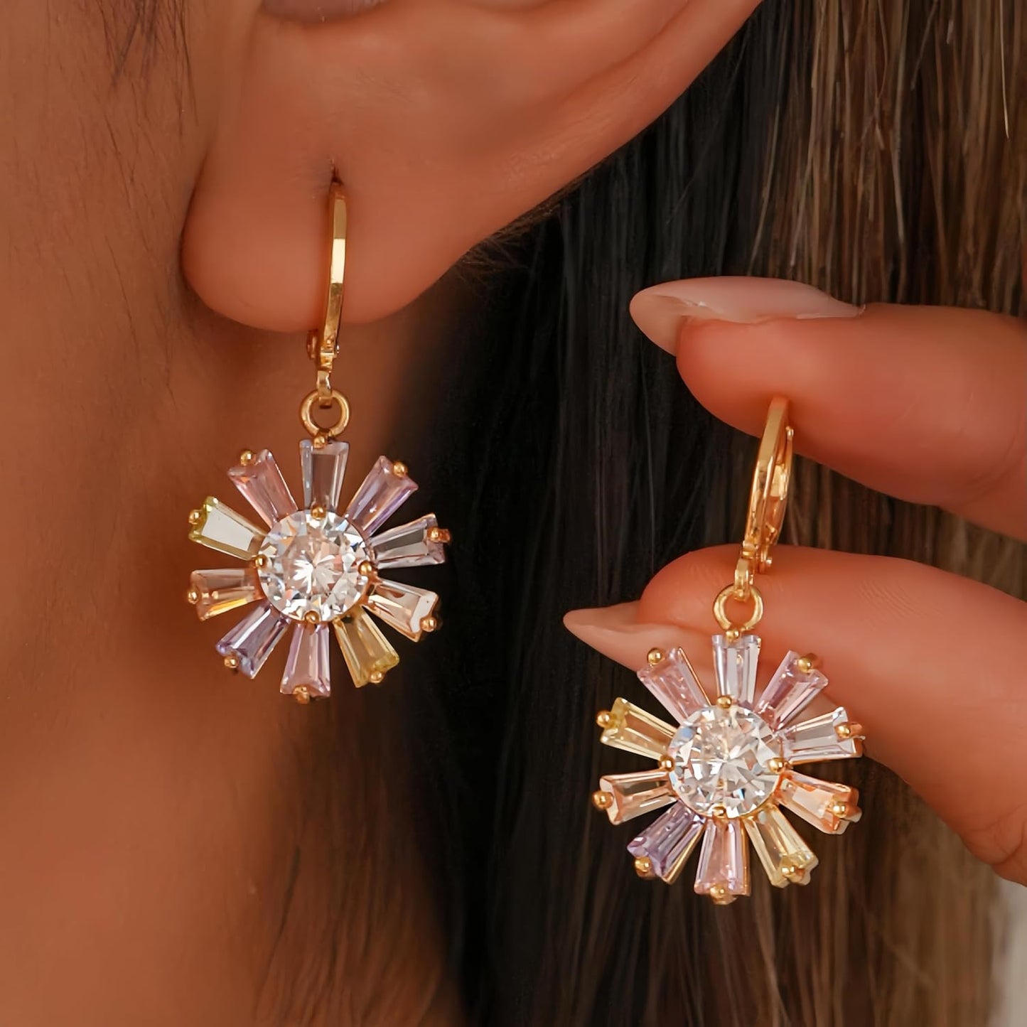 Vuskdtei18K Gold Plated Flower Dangle Earrings for Women, Hypoallergenic Cubic Zirconia Earrings, Elegant Chandelier Drop Earrings
