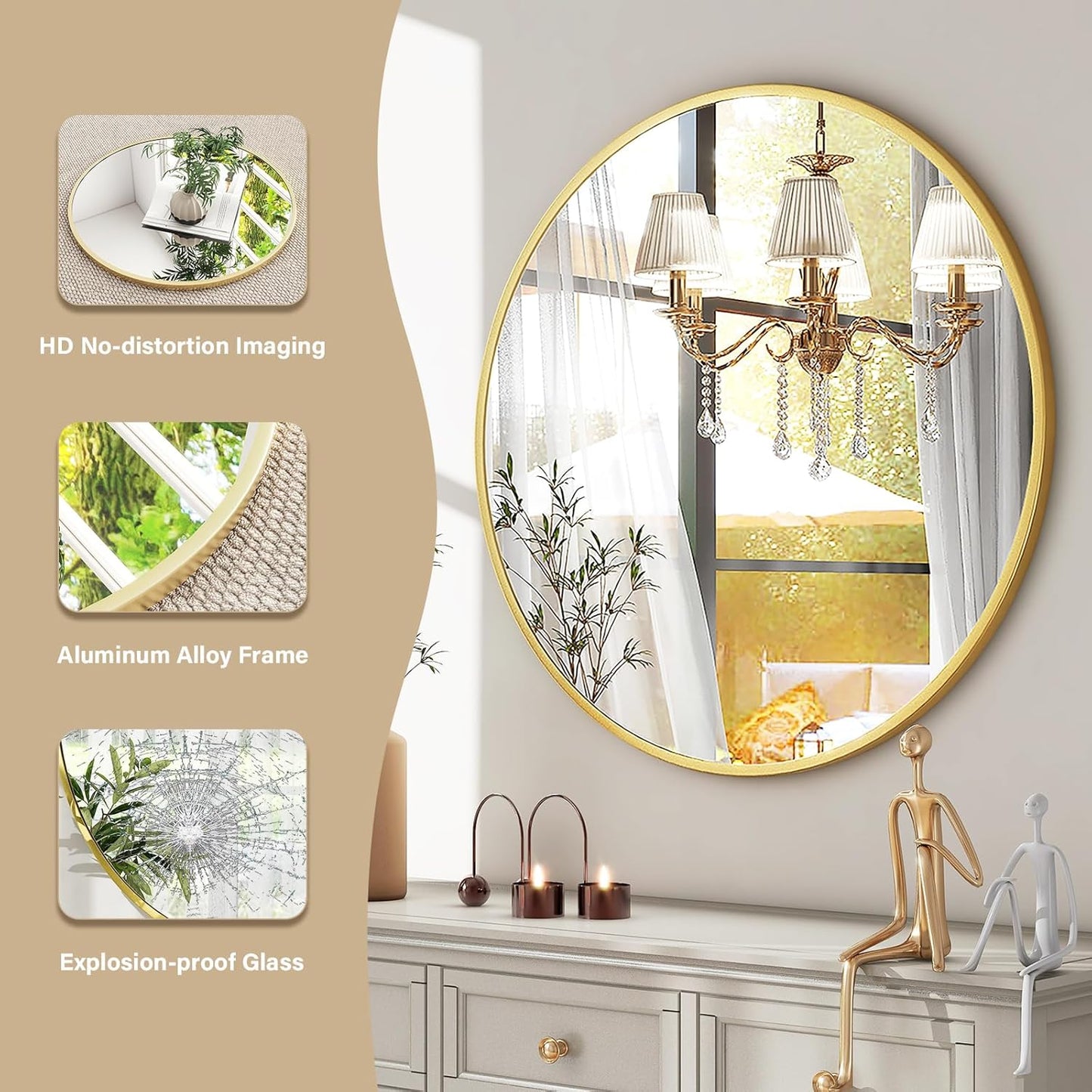 Round Mirror 30 Gold Wall Mirrors Vanity Mirror with Brushed Aluminum Alloy Frame Modern
