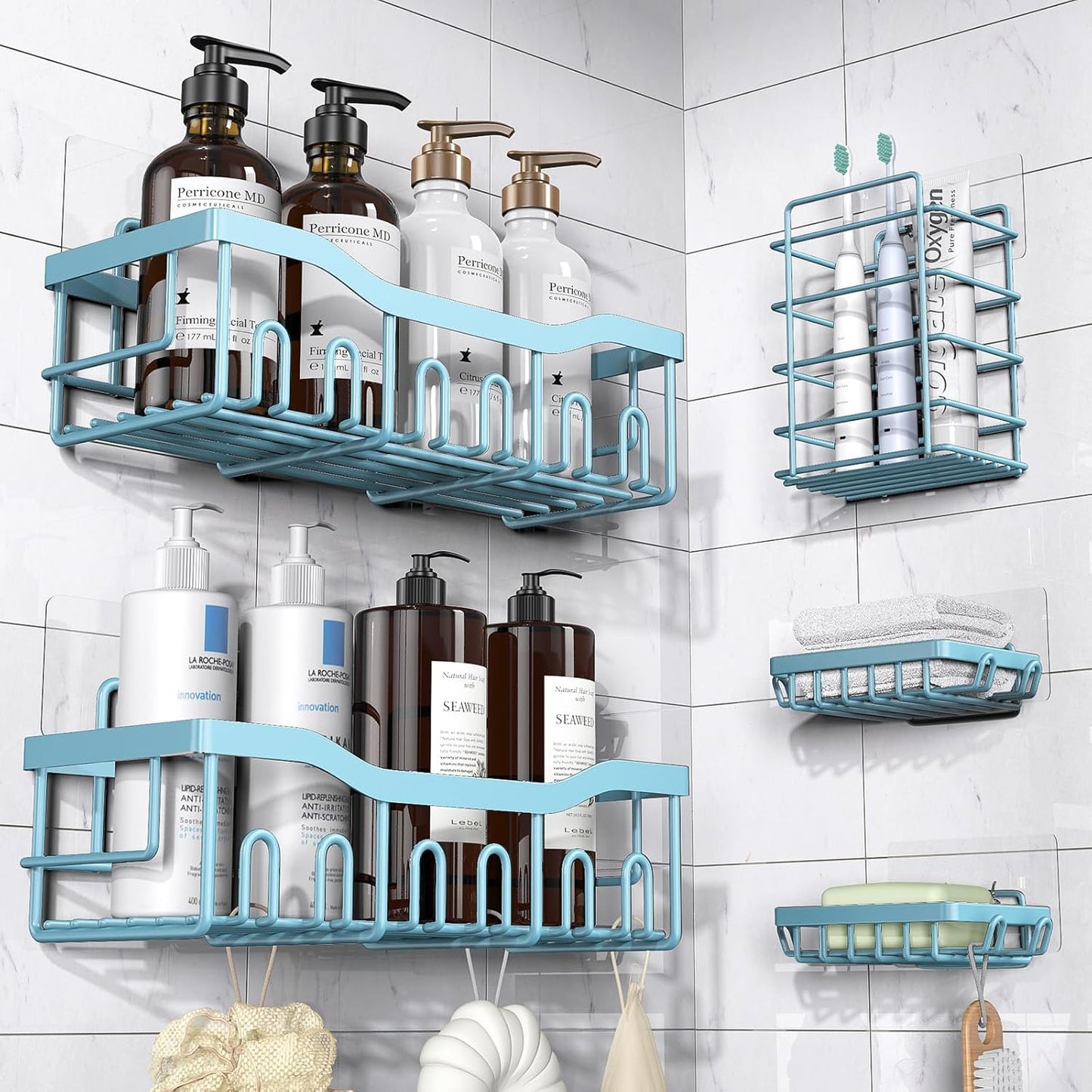 Adhesive Shower Caddy, 5 Pack Rustproof Stainless Steel Bath Organizers , No Drilling Shelves