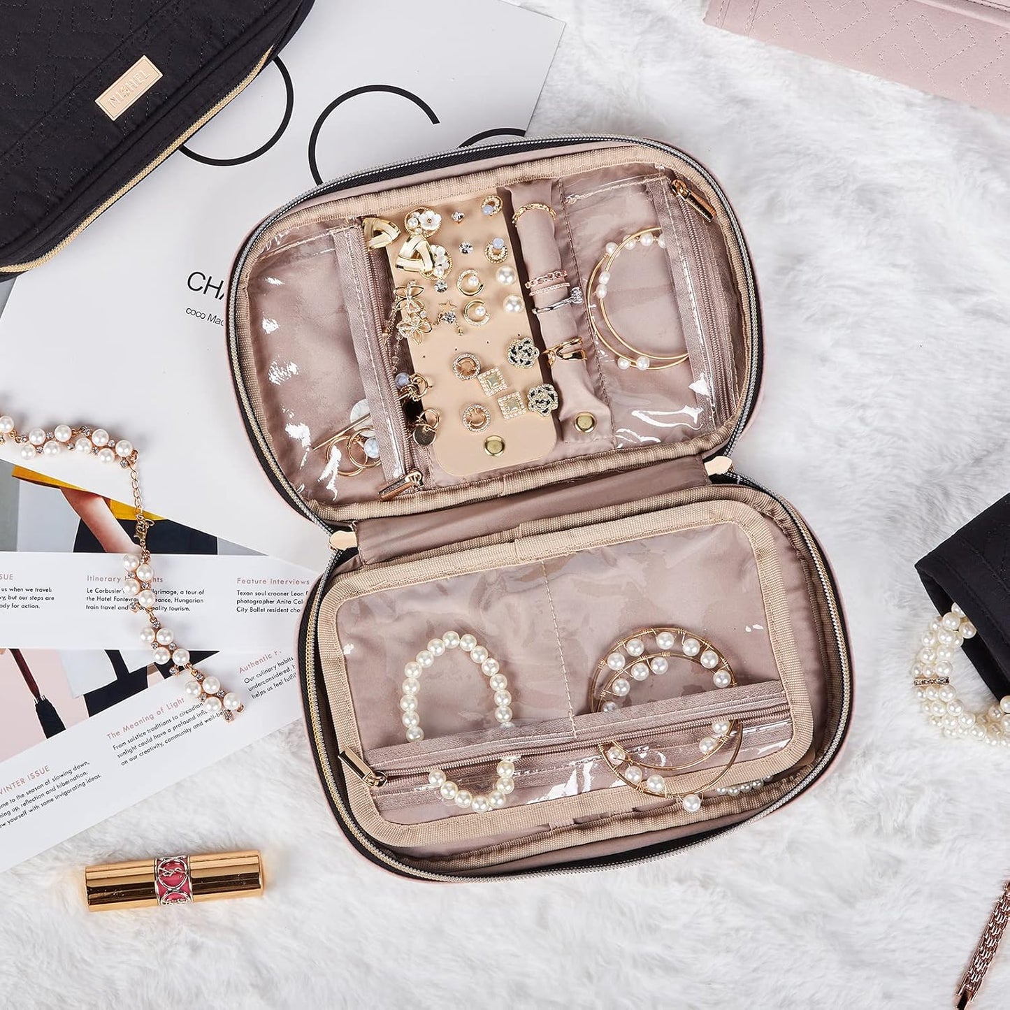 Travel Jewelry Case, Holiday Organizer for Necklaces, Earrings, Rings, Bracelets, Watch, Pink