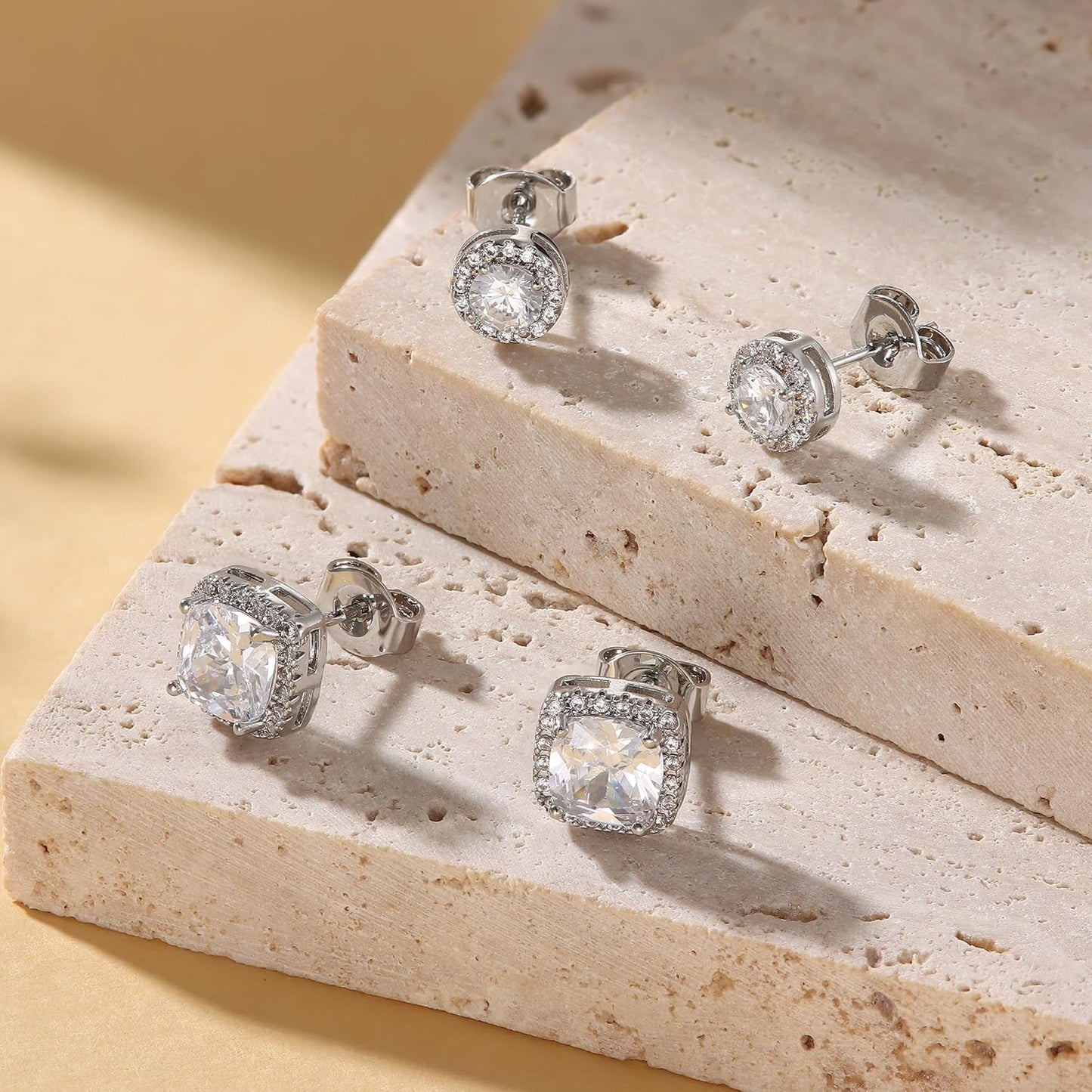 Hayoso 18K Gold Plated Halo Stud Earrings 925 Sterling Silver Cubic Zirconia Stud Earrings Round Square Diamonique Stud