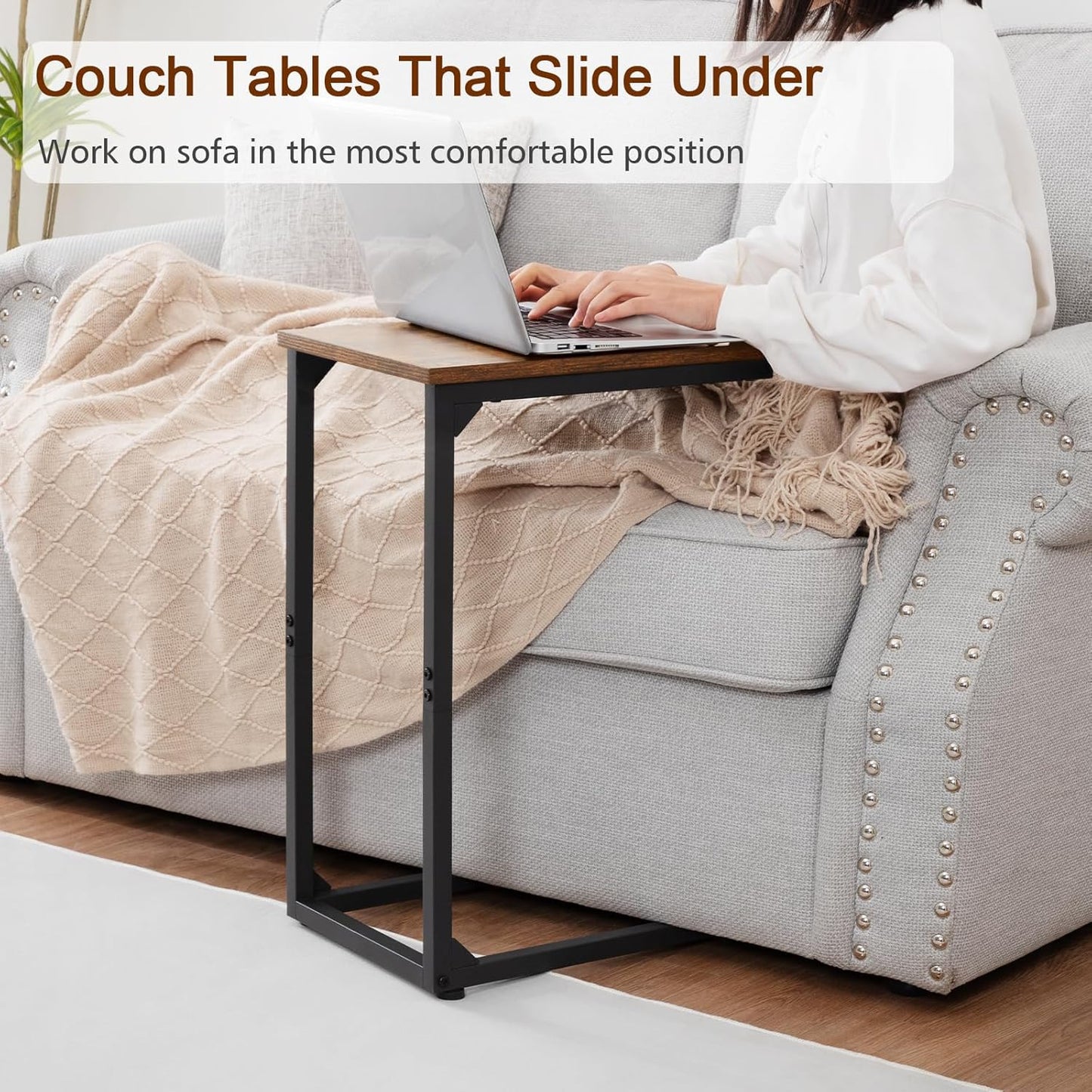 C Shaped coffeeTable, End Tables Living Room Set of 2, Slide Under Couch Table for Sofa, Small Space