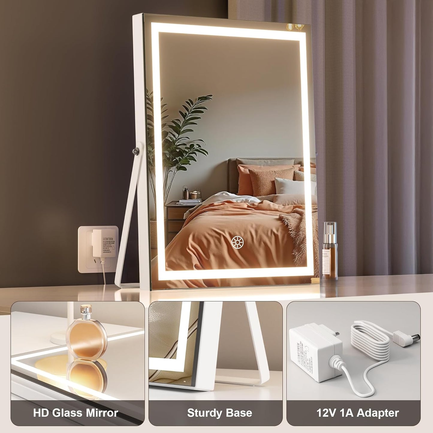 9.8" x 12" LED Makeup Mirror, Light & Brightness Adjustment, Smart Sensor, with 5X Magnifying Glass